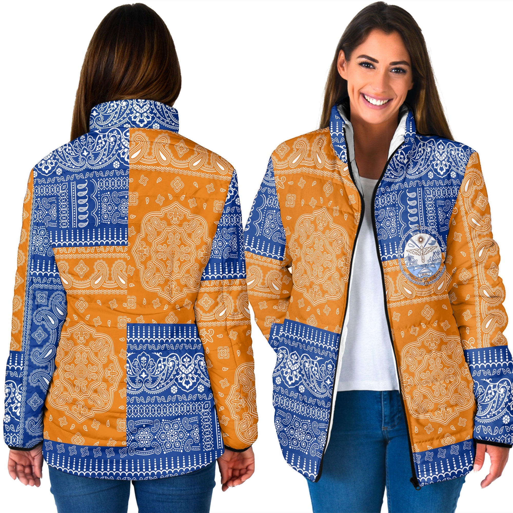 Marshall Islands Women Padded Jacket Flag And Paisley Basic Style 3