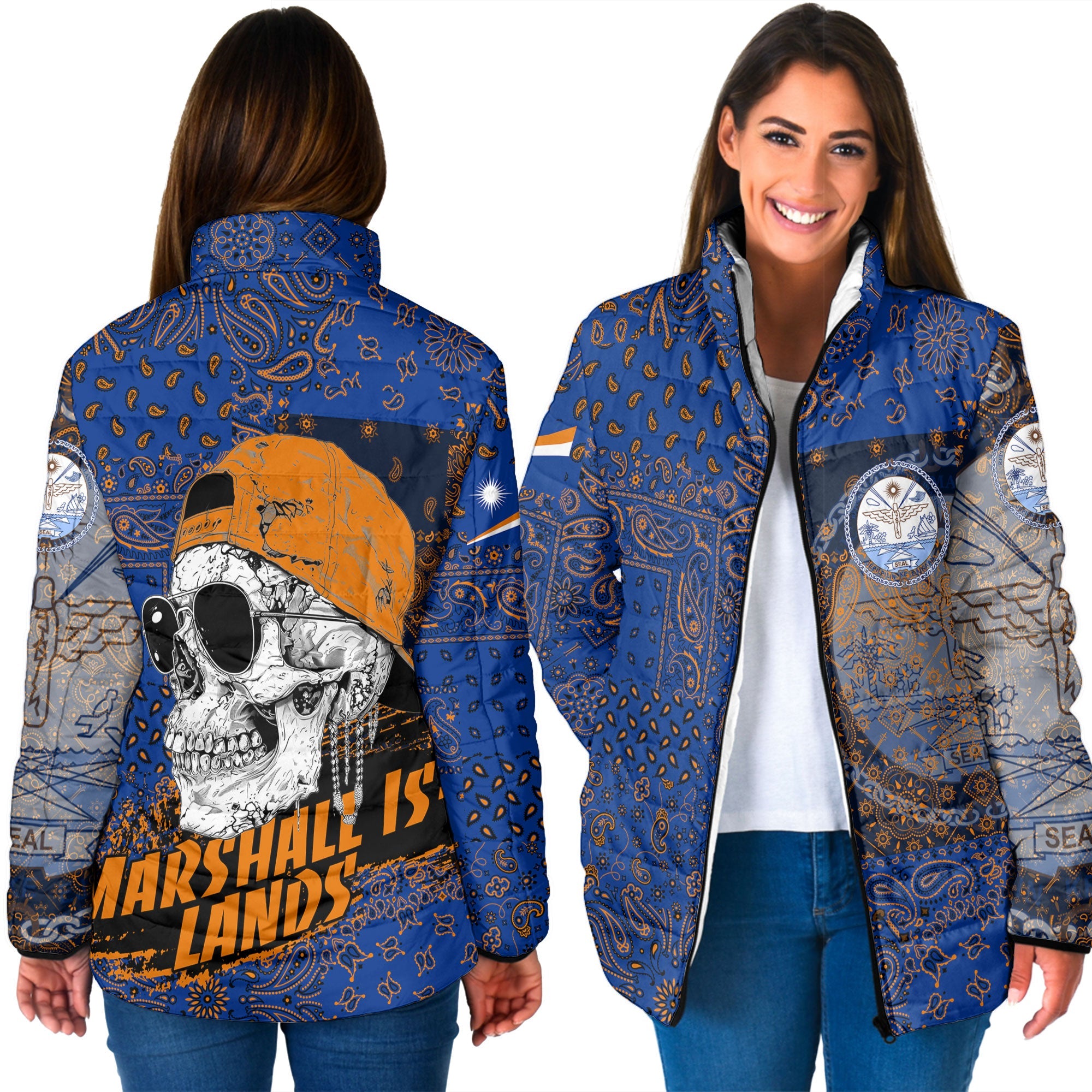 Marshall Islands Women Padded Jacket Paisley Flag And Skull Style 3