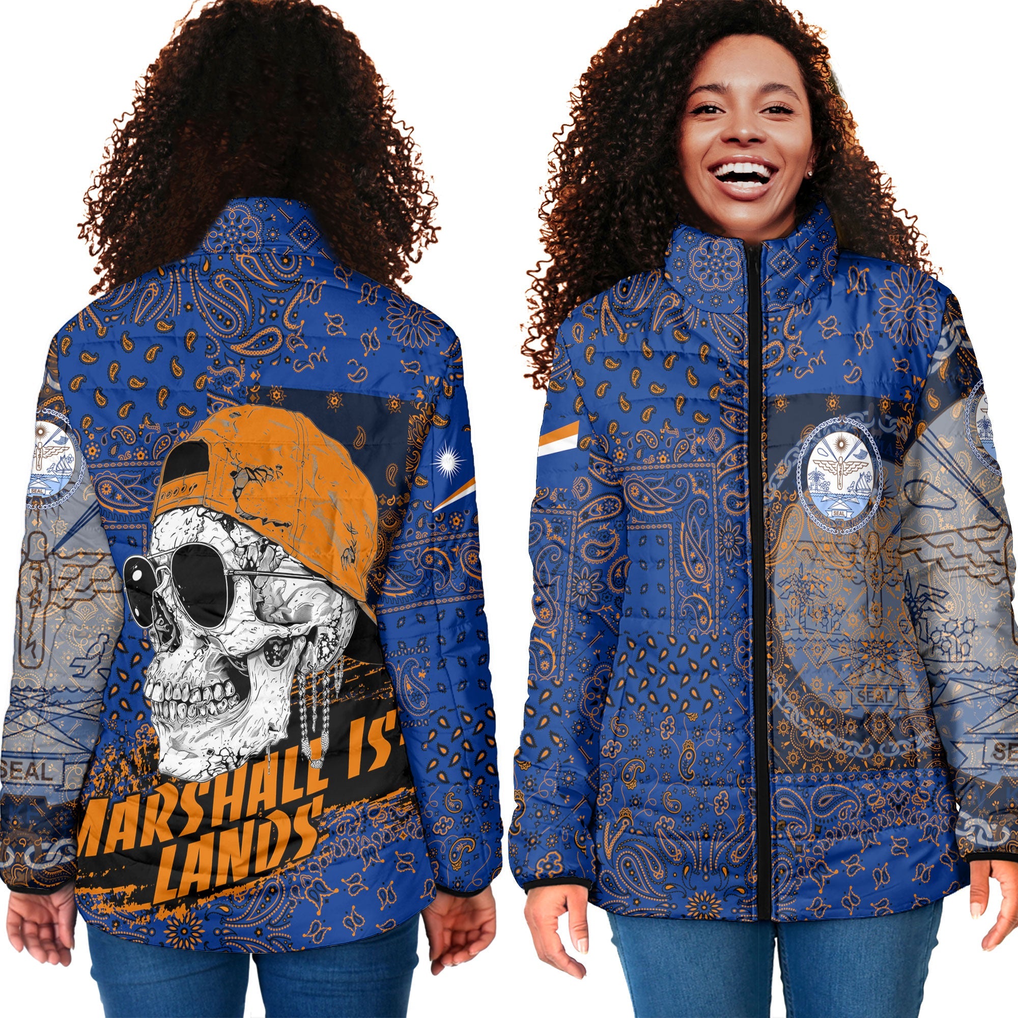 Marshall Islands Women Padded Jacket Paisley Flag And Skull Style 4