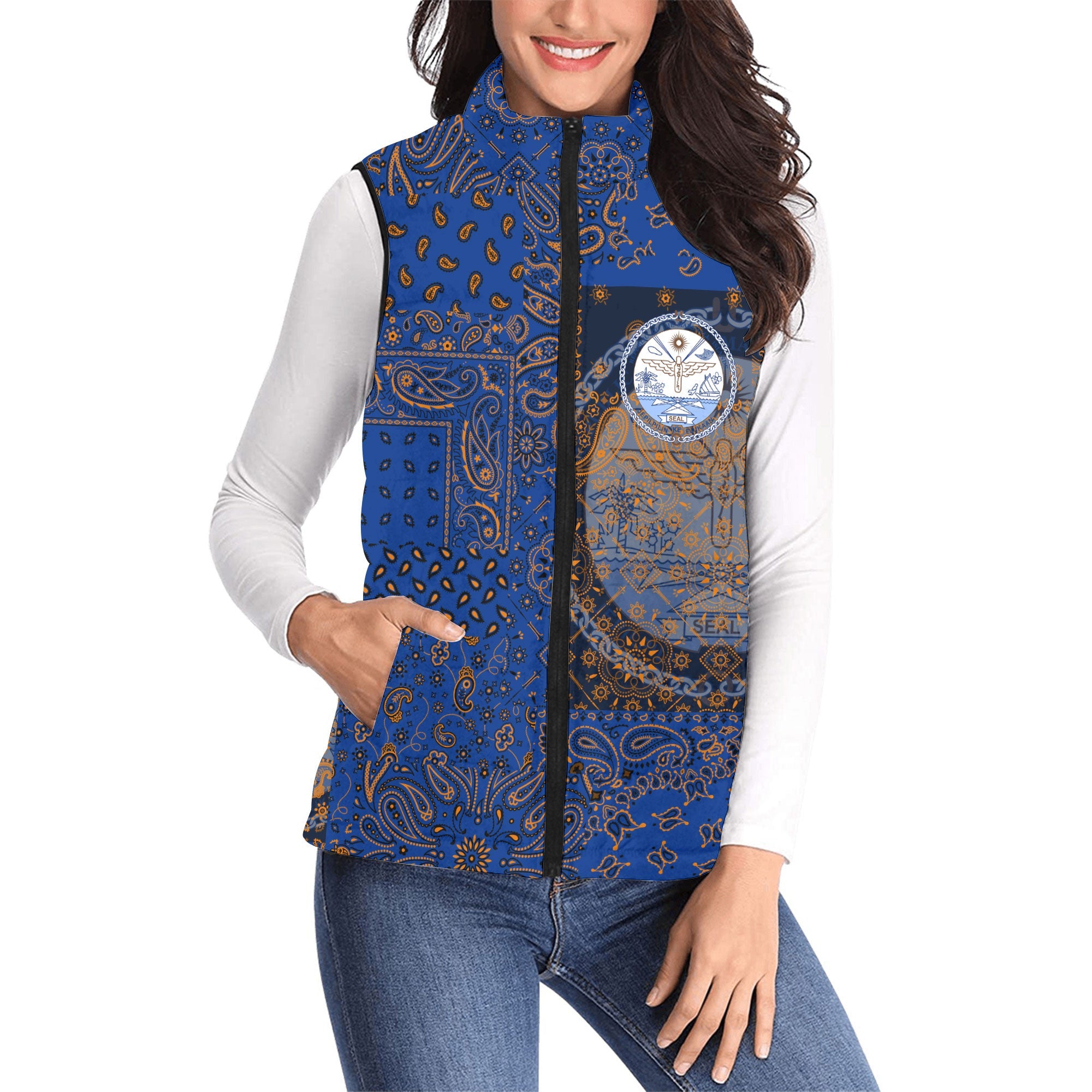 Marshall Islands Women Padded Jacket Vest Paisley Flag And Skull Style 1