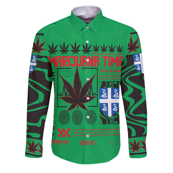 Martinique Long Sleeve Button Shirt Flag & Coat Of Arms Marijuanas Style