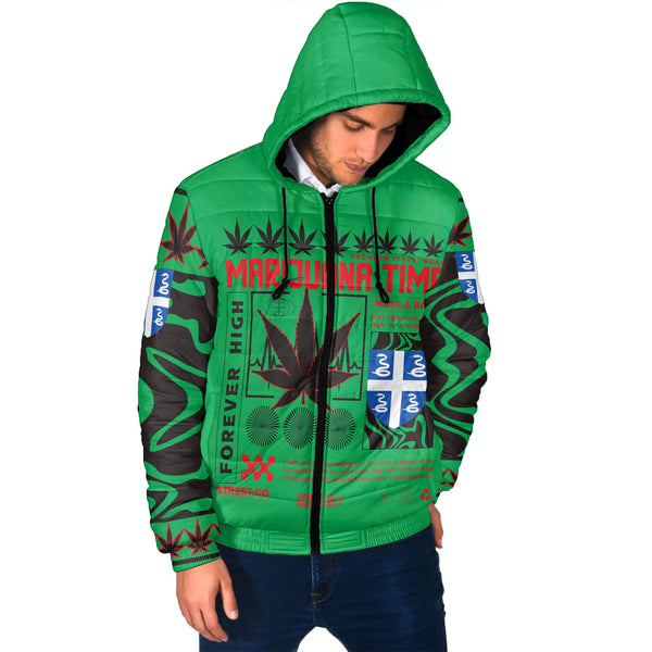 Martinique Men Hooded Padded Jacket Flag & Coat Of Arms Marijuanas Style