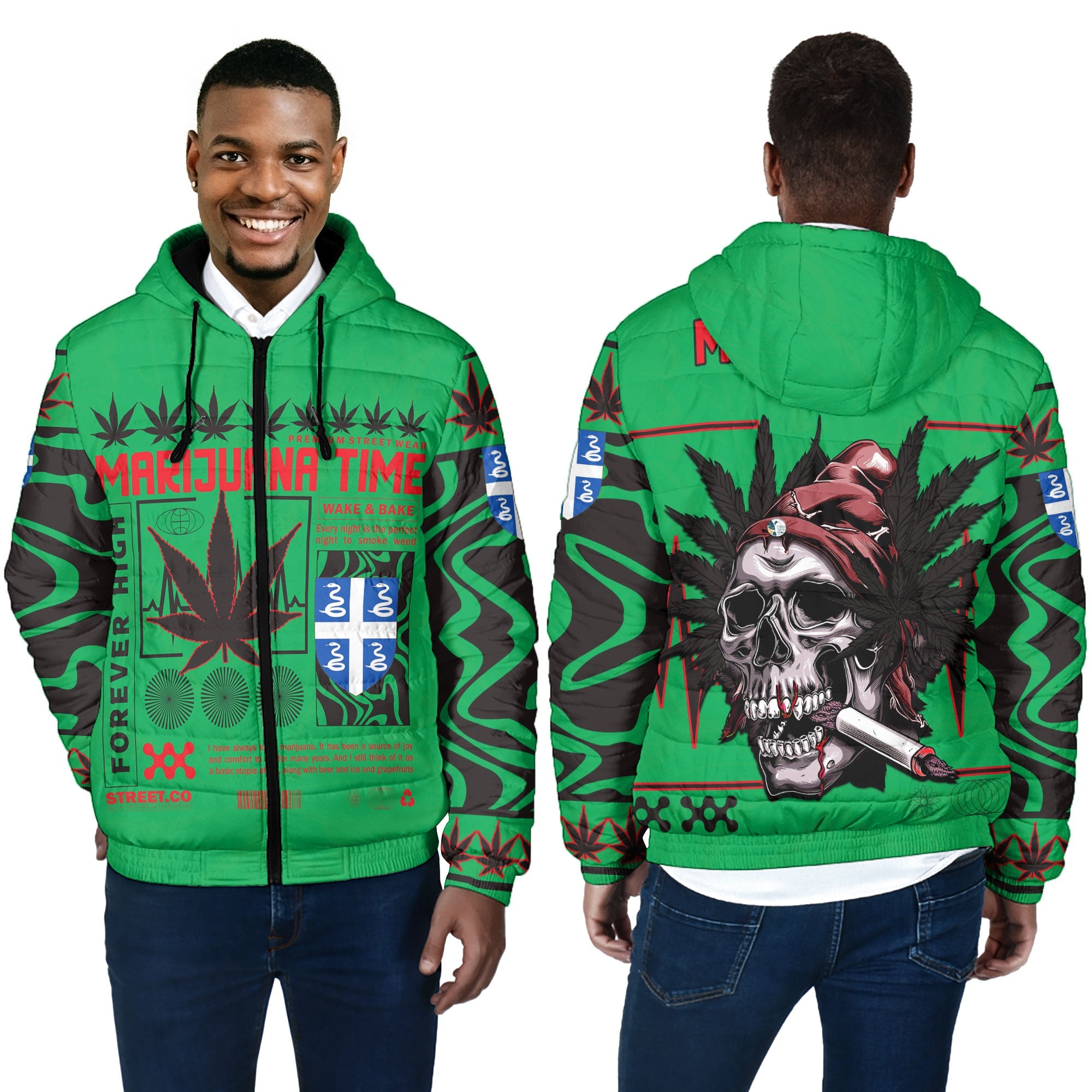 Martinique Men Hooded Padded Jacket Flag & Coat Of Arms Marijuanas Style