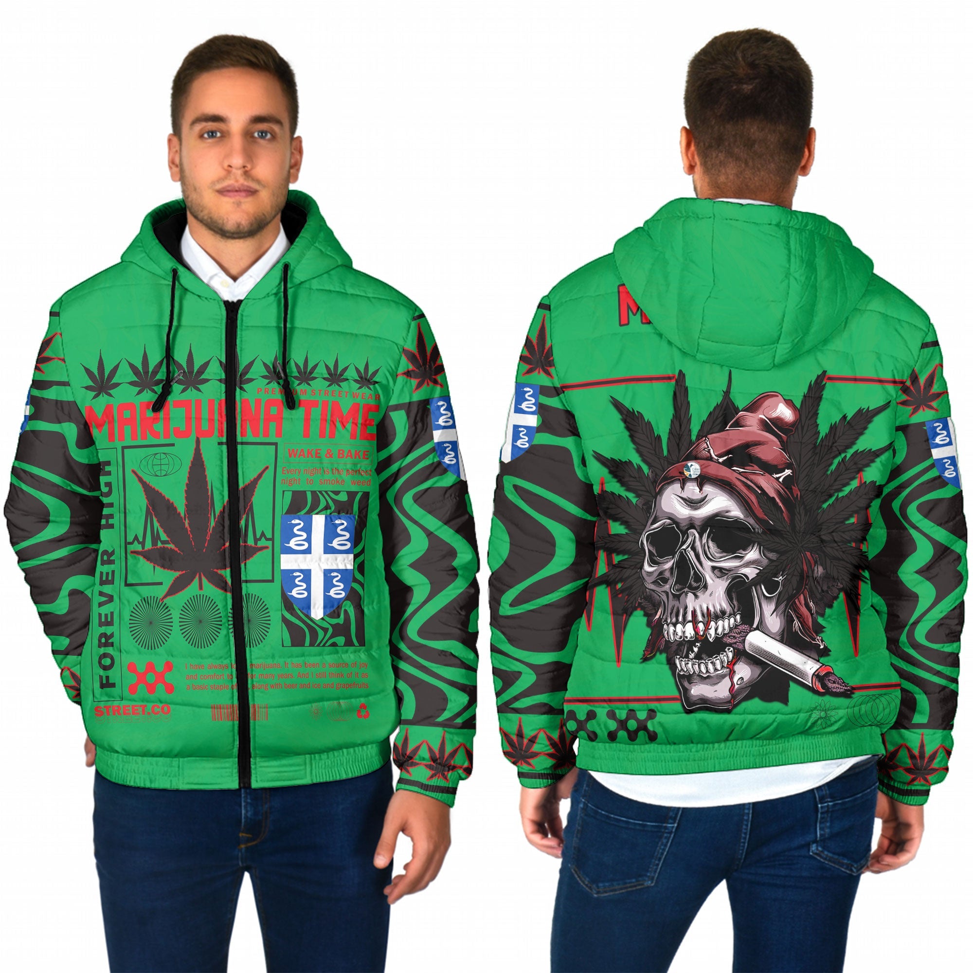 Martinique Men Hooded Padded Jacket Flag & Coat Of Arms Marijuanas Style