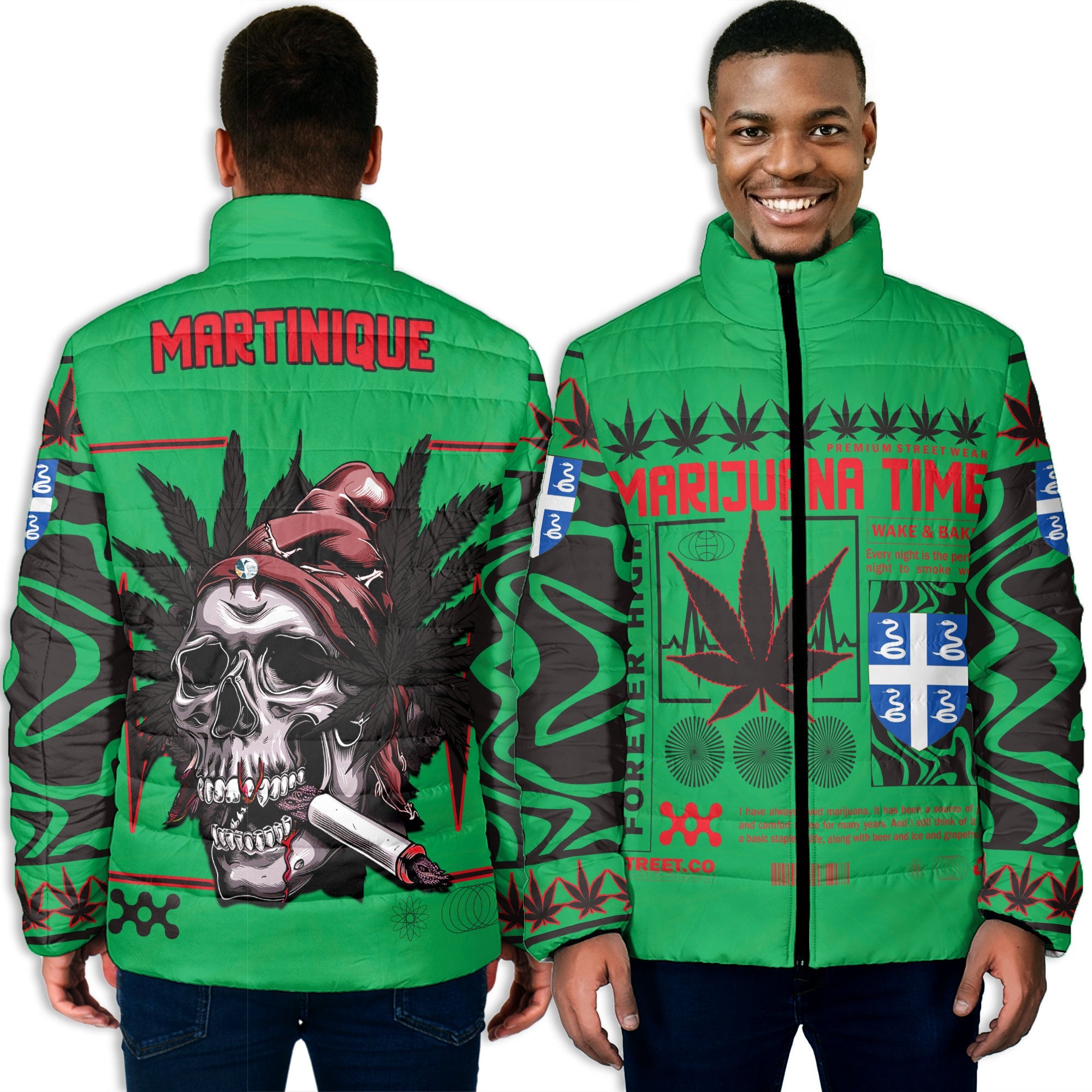 Martinique Men Padded Jacket Flag & Coat Of Arms Marijuanas Style