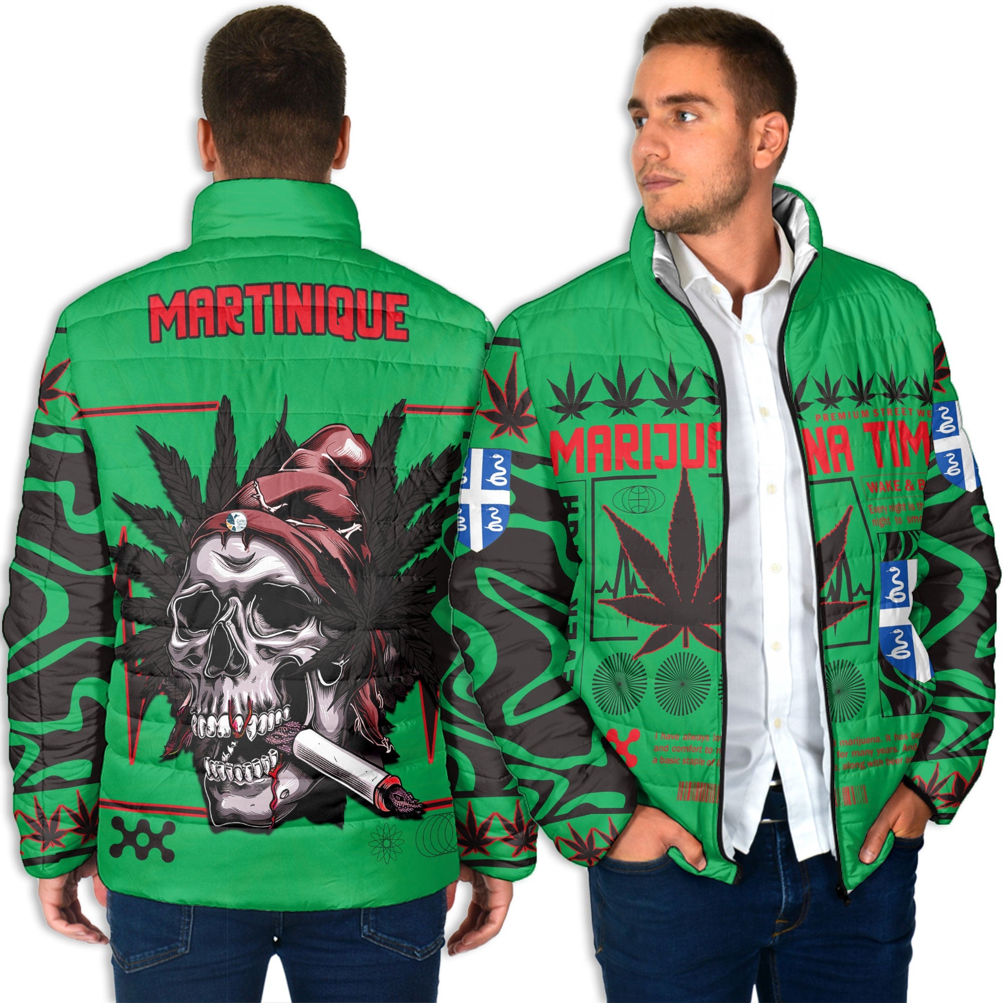 Martinique Men Padded Jacket Flag & Coat Of Arms Marijuanas Style