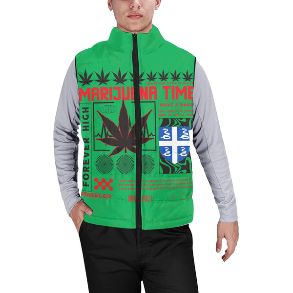 Martinique Men Padded Jacket Vest Flag & Coat Of Arms Marijuanas Style