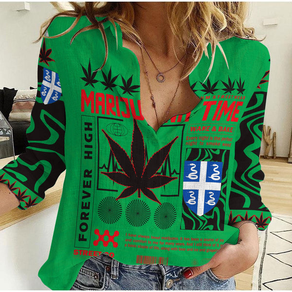 Martinique Women Casual Shirt Flag & Coat Of Arms Marijuanas Style