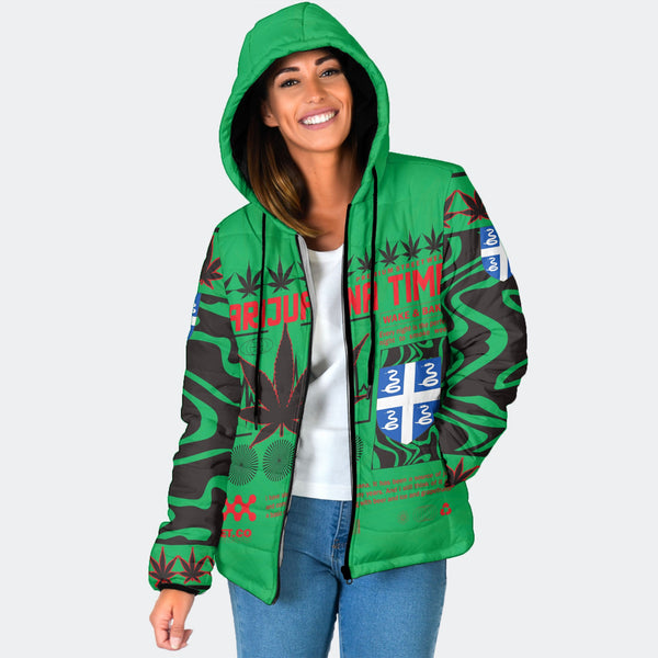 Martinique Women Hooded Padded Jacket Flag & Coat Of Arms Marijuanas Style