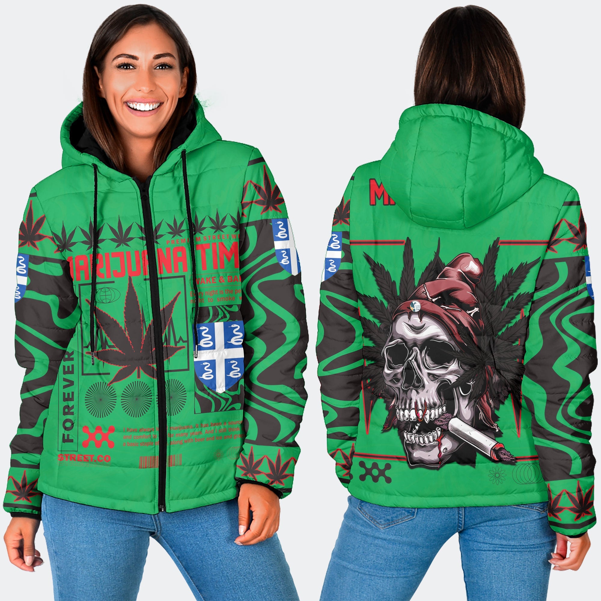 Martinique Women Hooded Padded Jacket Flag & Coat Of Arms Marijuanas Style