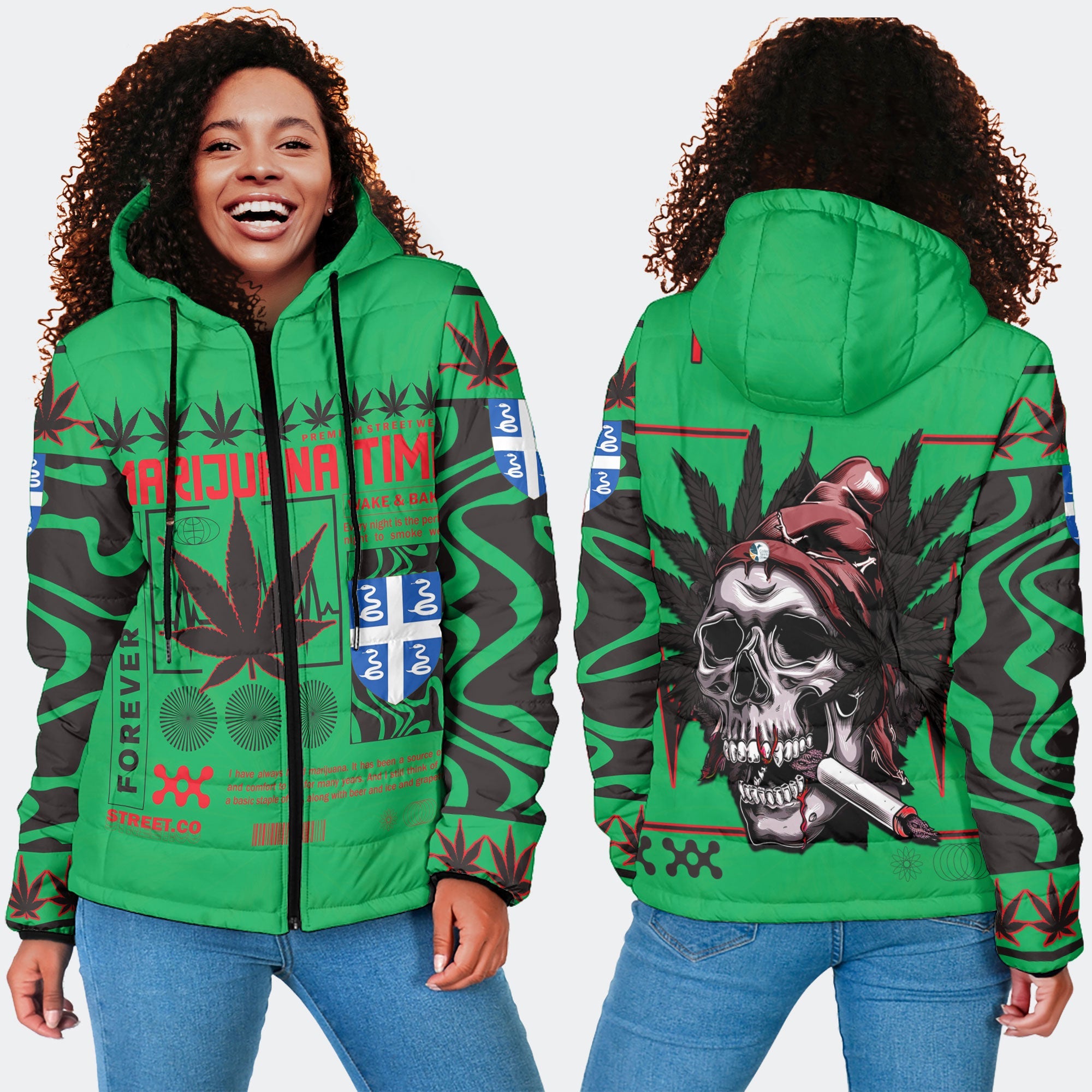 Martinique Women Hooded Padded Jacket Flag & Coat Of Arms Marijuanas Style