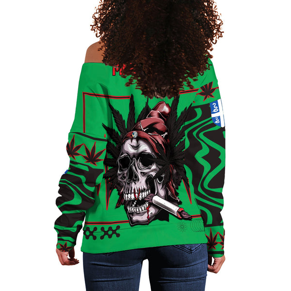 Martinique Women Off Shoulder Sweatshirt Flag & Coat Of Arms Marijuanas Style