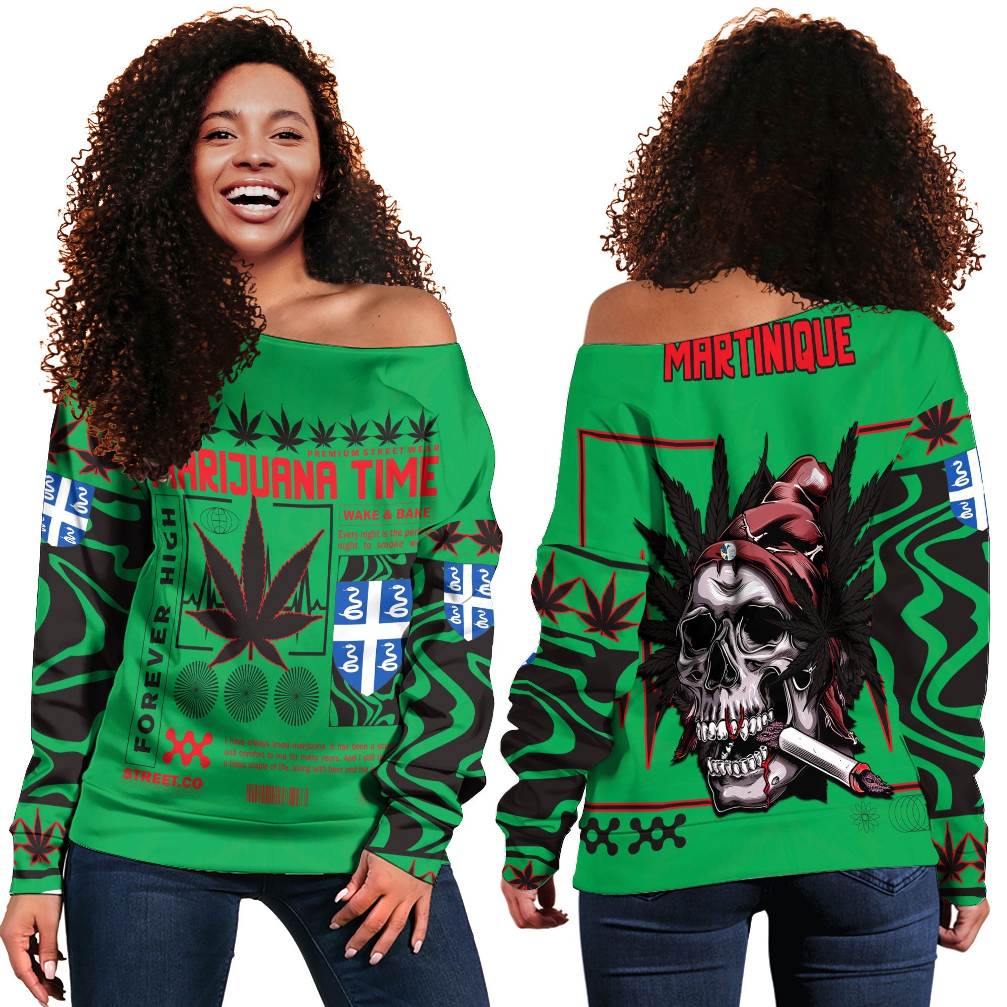 Martinique Women Off Shoulder Sweatshirt Flag & Coat Of Arms Marijuanas Style