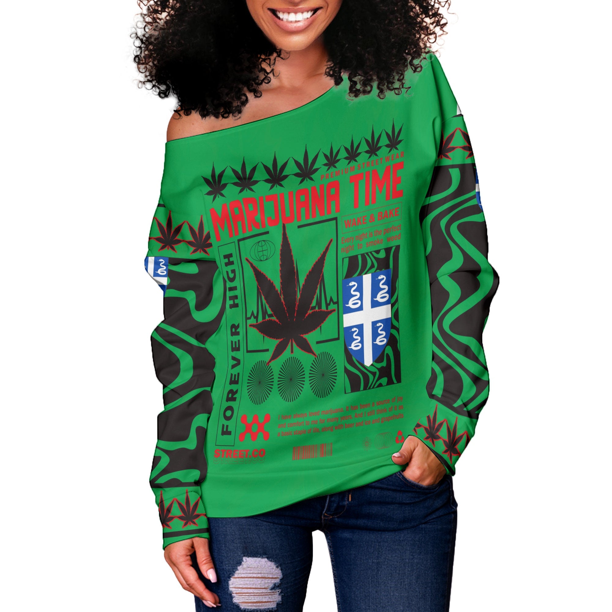 Martinique Women Off Shoulder Sweatshirt Flag & Coat Of Arms Marijuanas Style