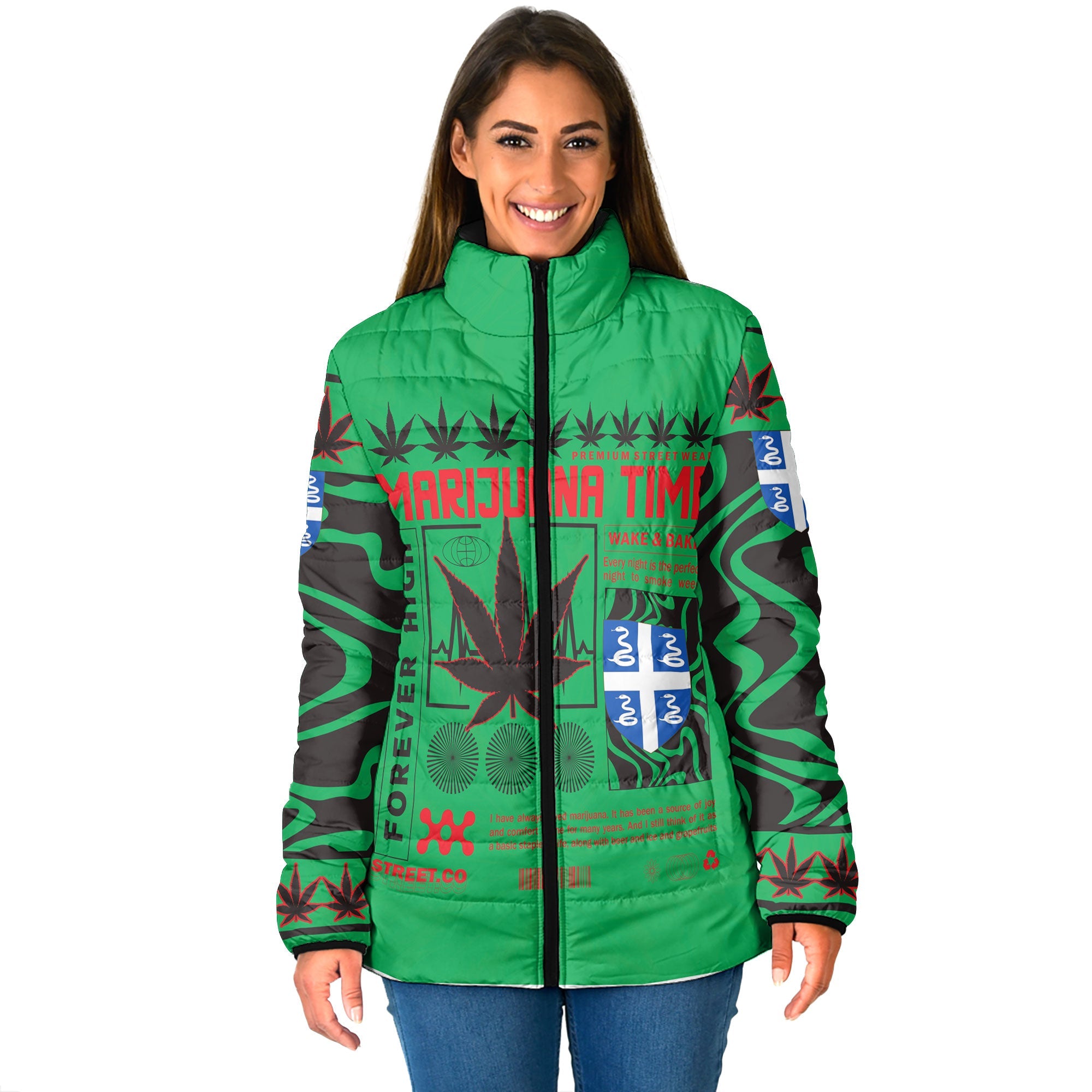 Martinique Women Padded Jacket Flag & Coat Of Arms Marijuanas Style