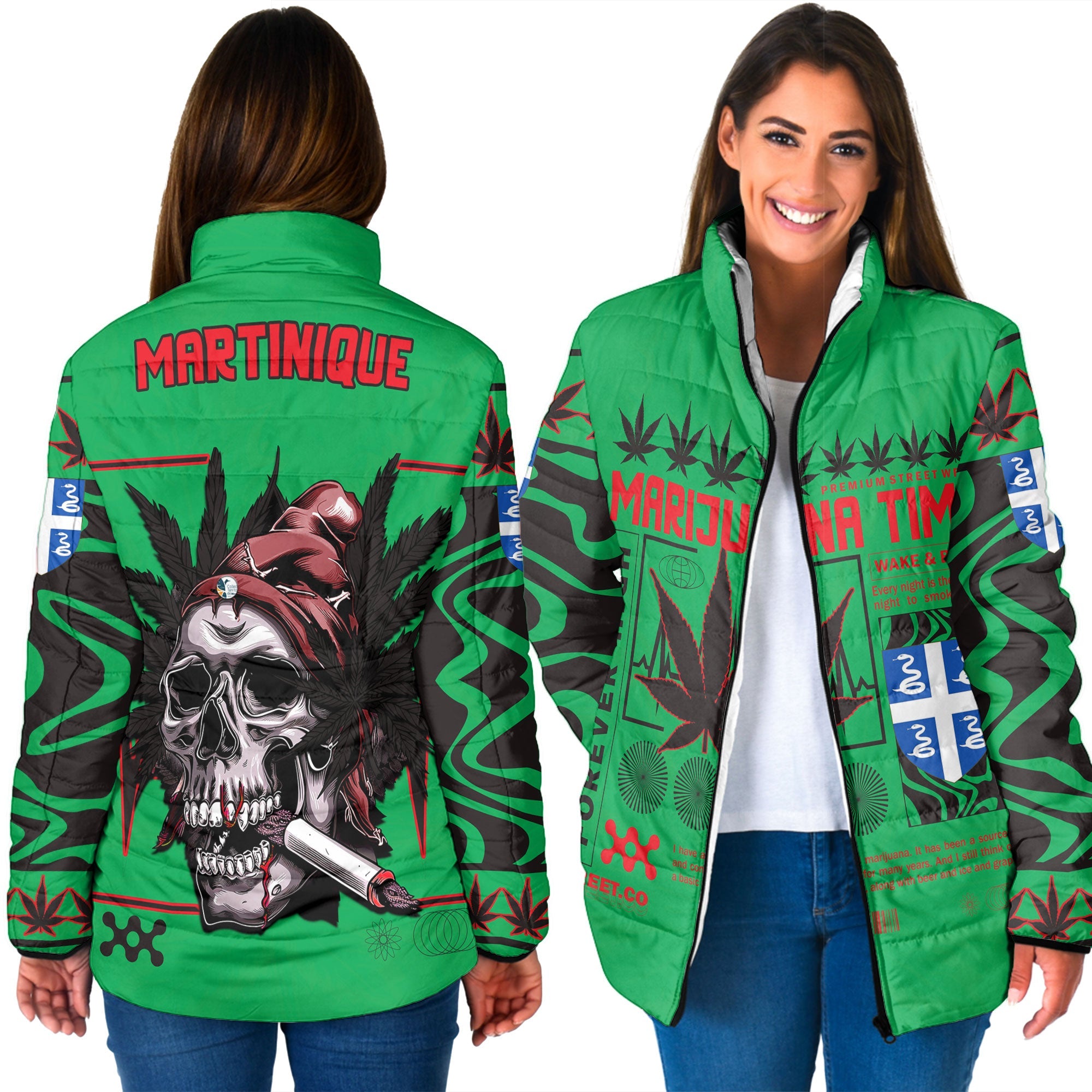 Martinique Women Padded Jacket Flag & Coat Of Arms Marijuanas Style