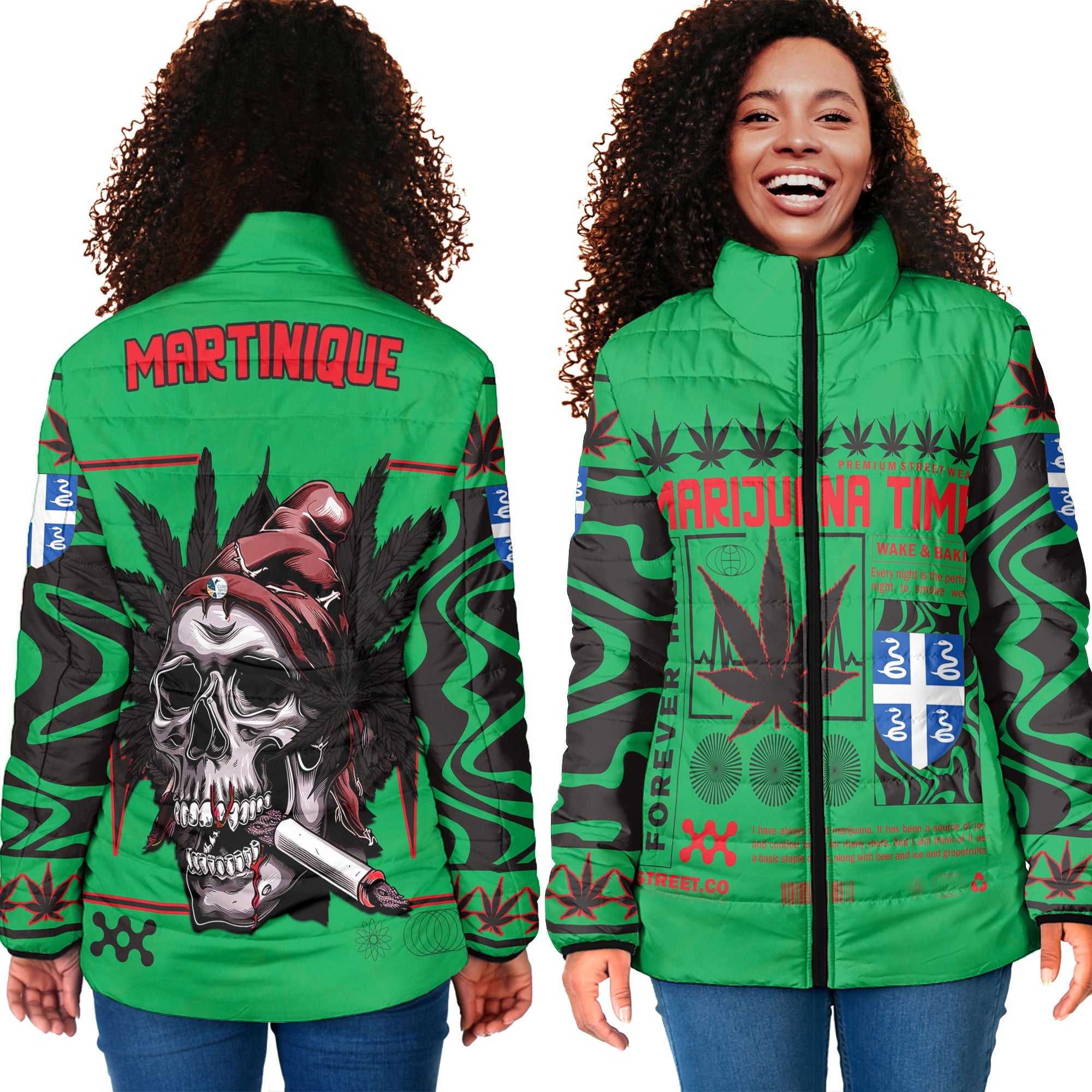 Martinique Women Padded Jacket Flag & Coat Of Arms Marijuanas Style