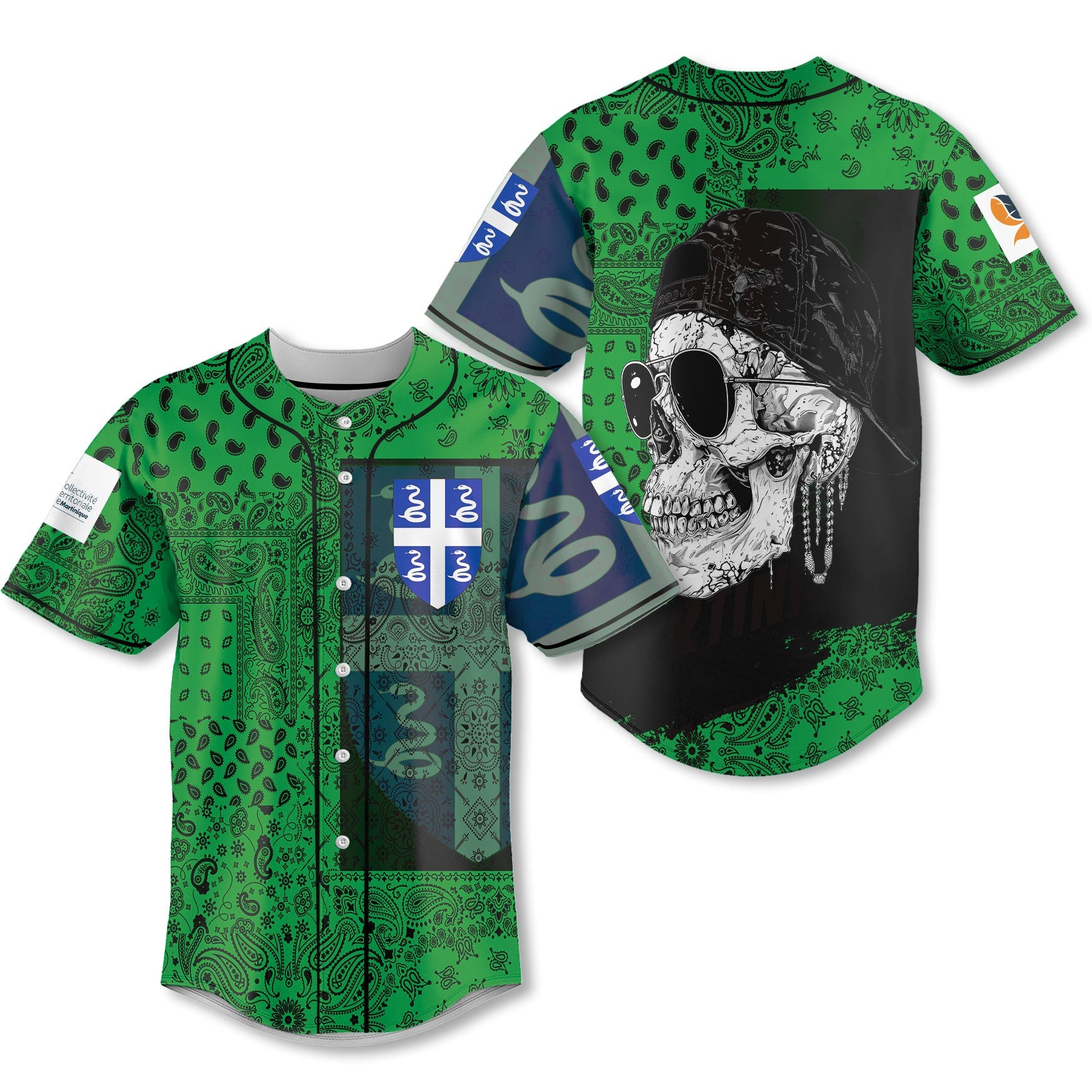 Martinique Baseball Jersey Paisley Flag And Skull Style 1