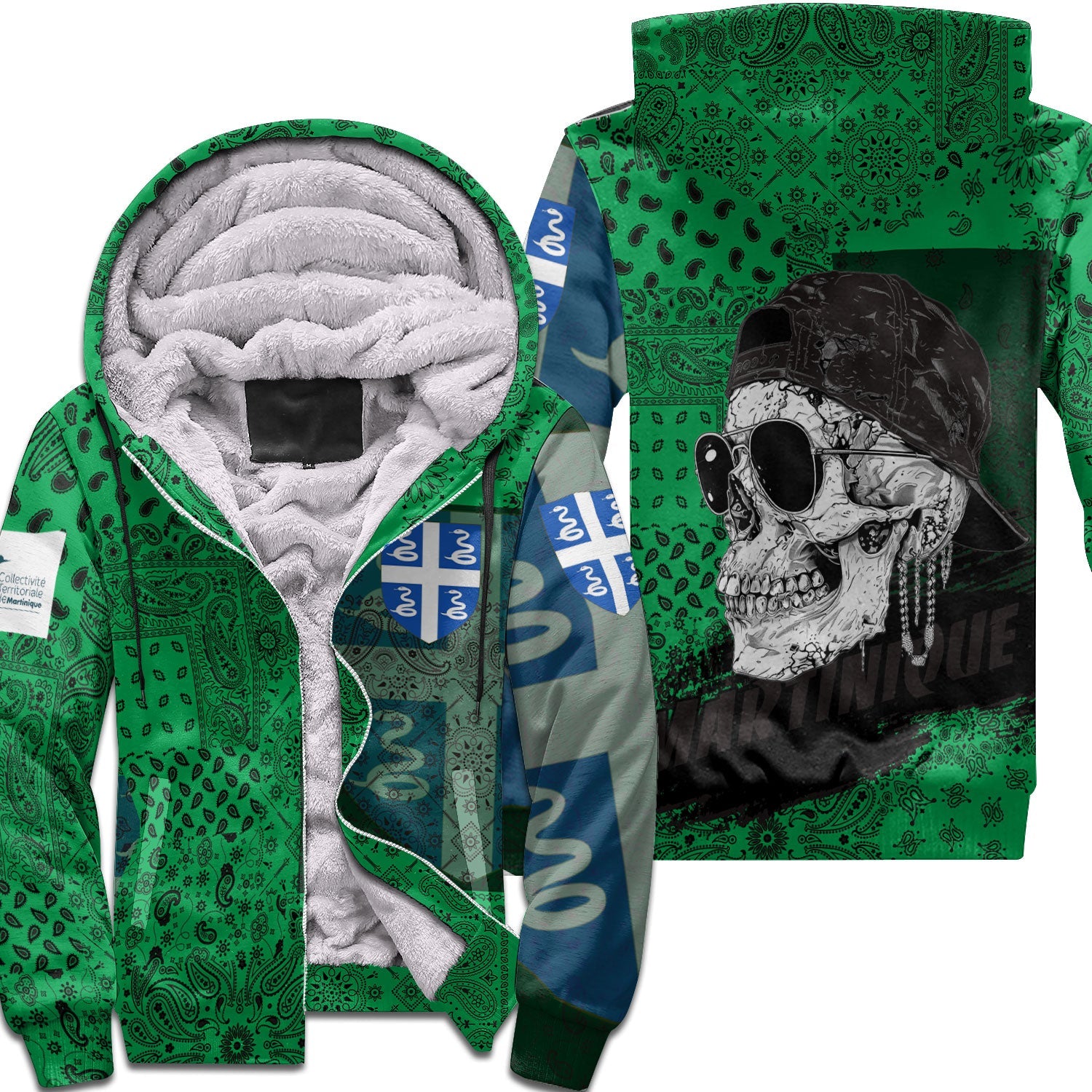 Martinique Sherpa Hoodie Paisley Flag And Skull Style 1