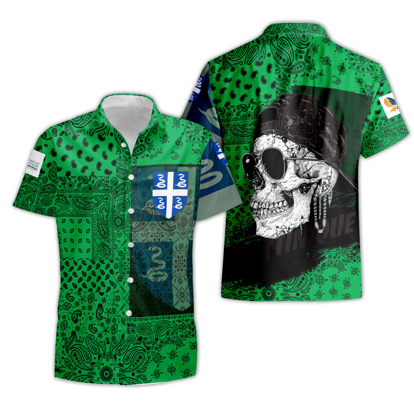 Martinique Short Sleeve Shirt Paisley Flag And Skull Style 3