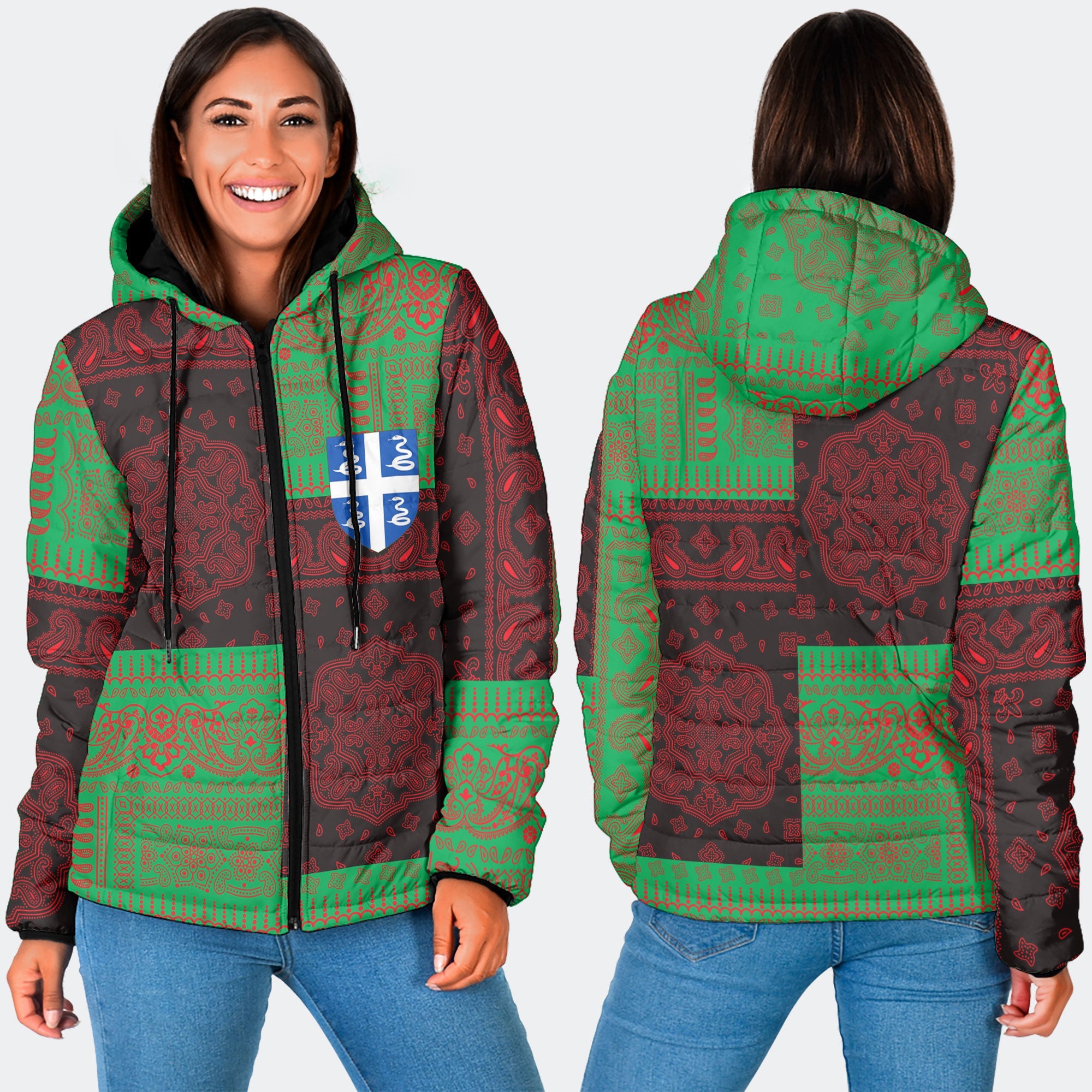 Martinique Women Hooded Padded Jacket Flag And Paisley Basic Style 3