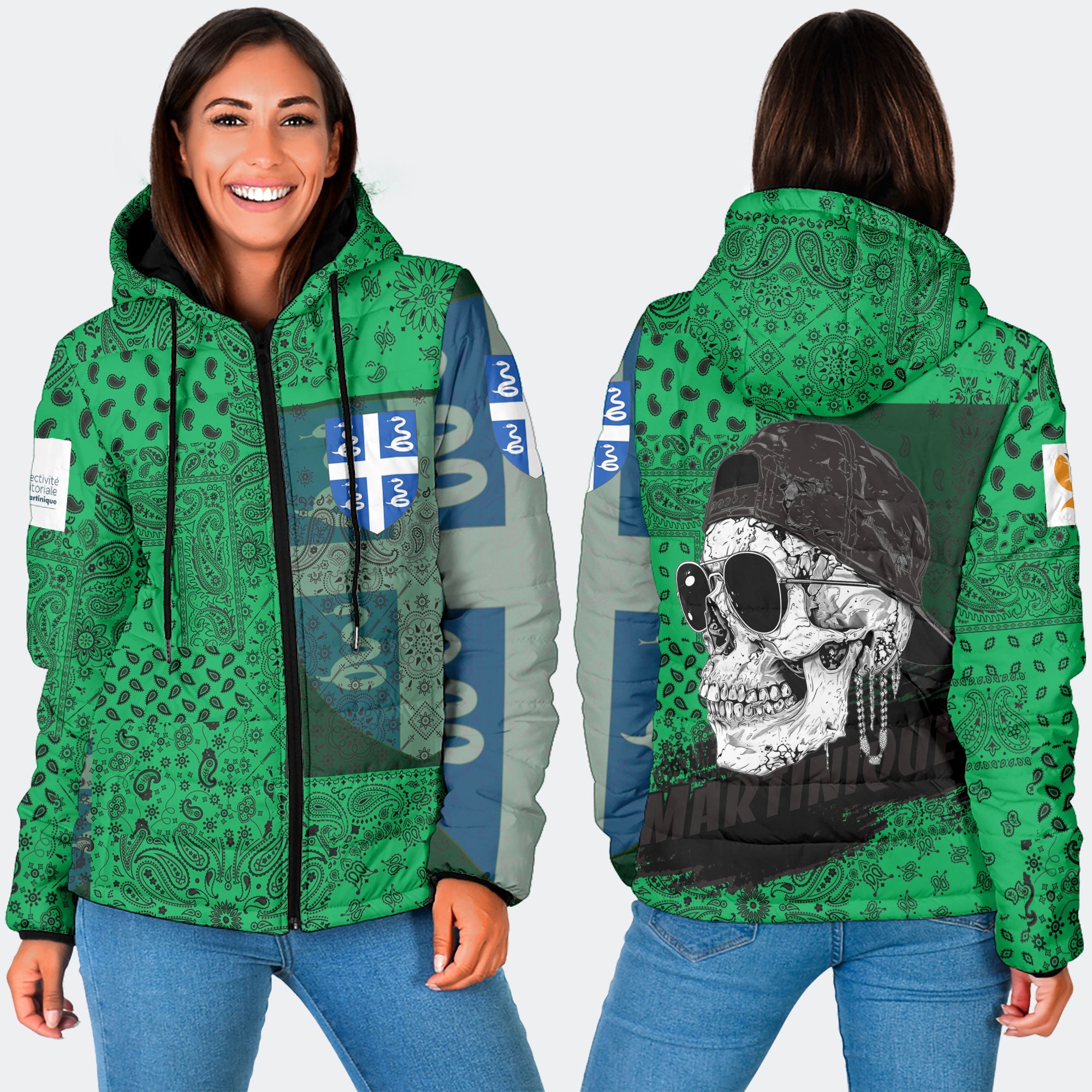 Martinique Women Hooded Padded Jacket Paisley Flag And Skull Style 3