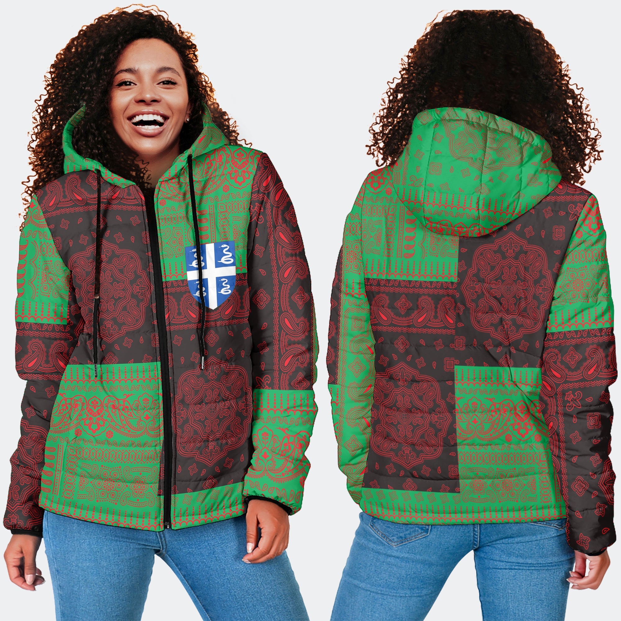 Martinique Women Hooded Padded Jacket Flag And Paisley Basic Style 4