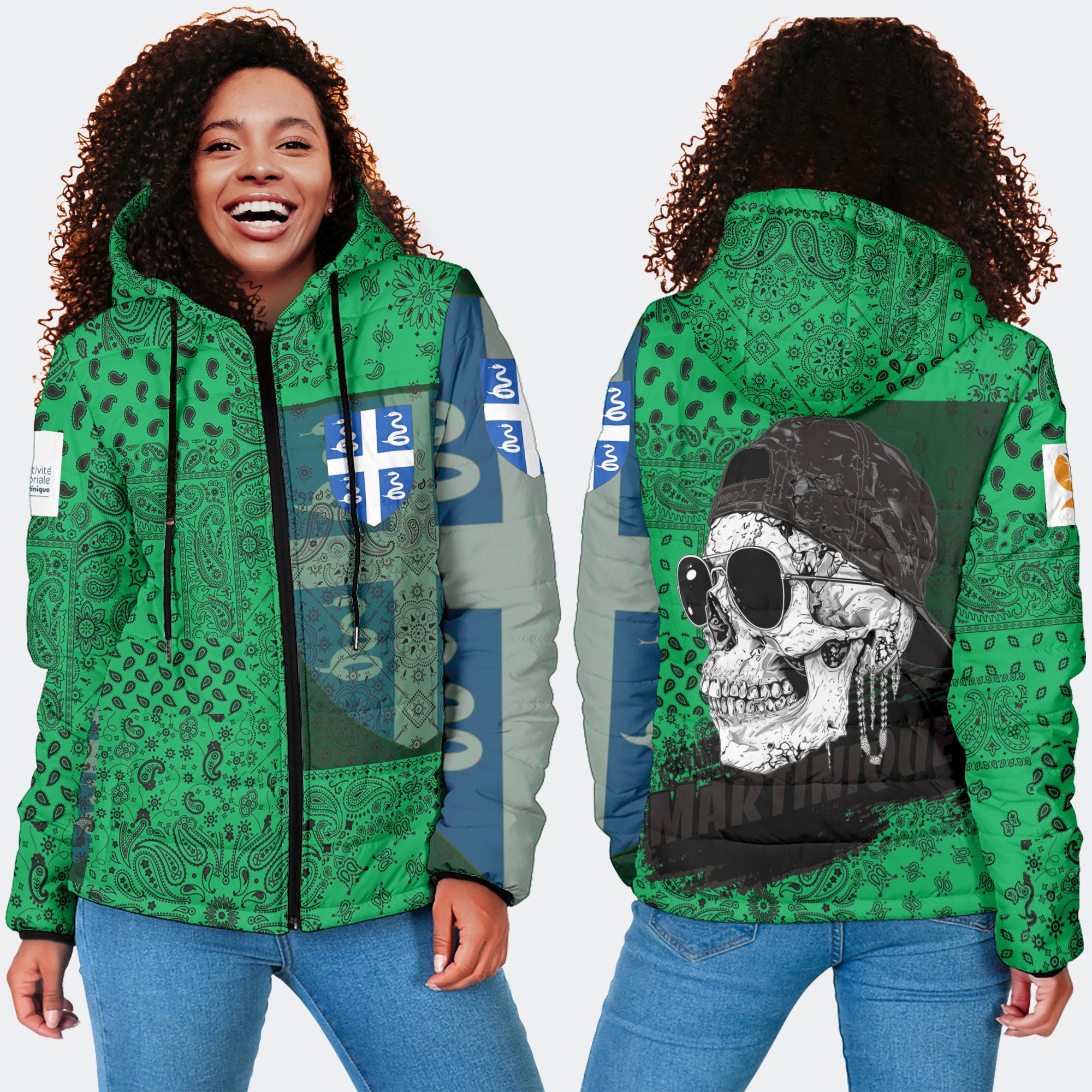 Martinique Women Hooded Padded Jacket Paisley Flag And Skull Style 4