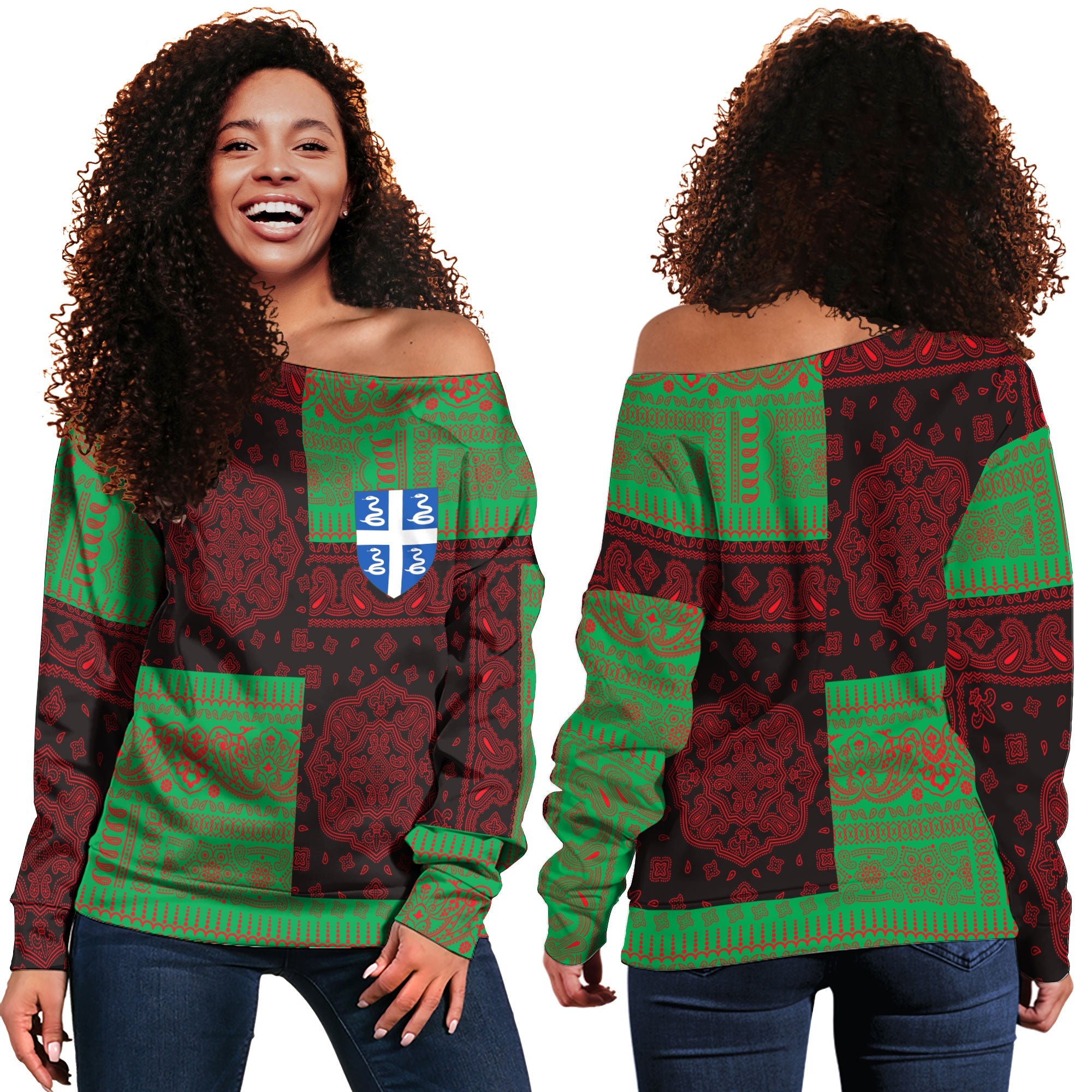 Martinique Women Off Shoulder Sweatshirt Flag And Paisley Basic Style 1