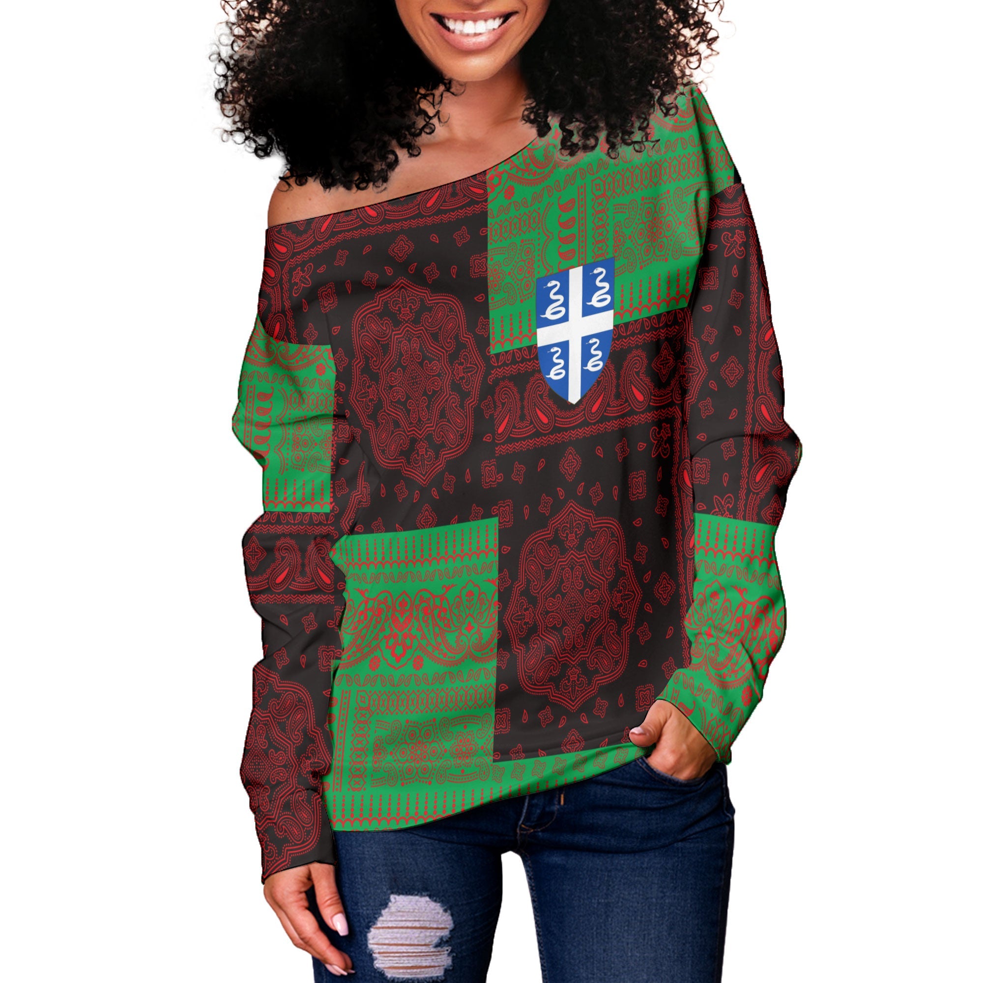 Martinique Women Off Shoulder Sweatshirt Flag And Paisley Basic Style 2