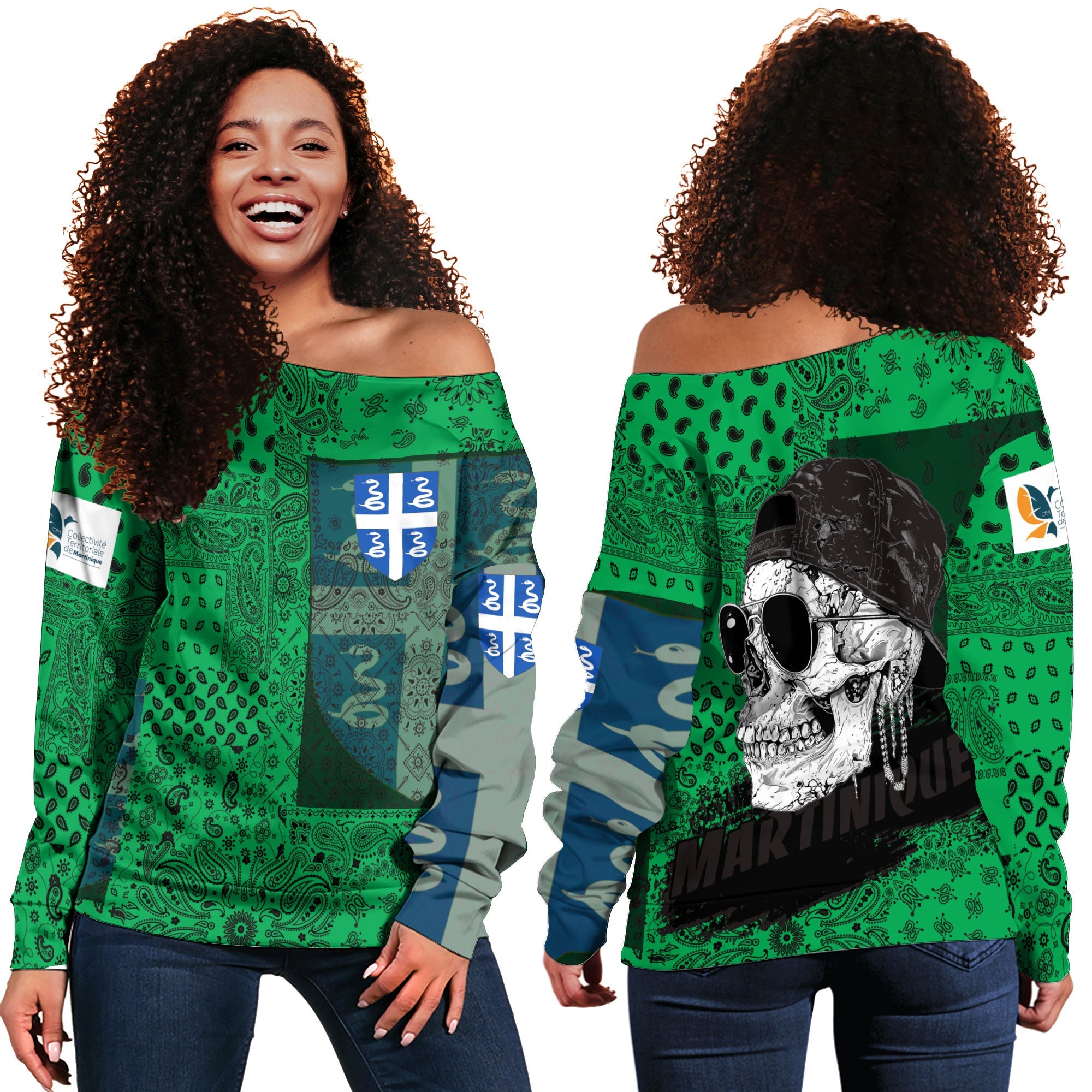 Martinique Women Off Shoulder Sweatshirt Paisley Flag And Skull Style 1