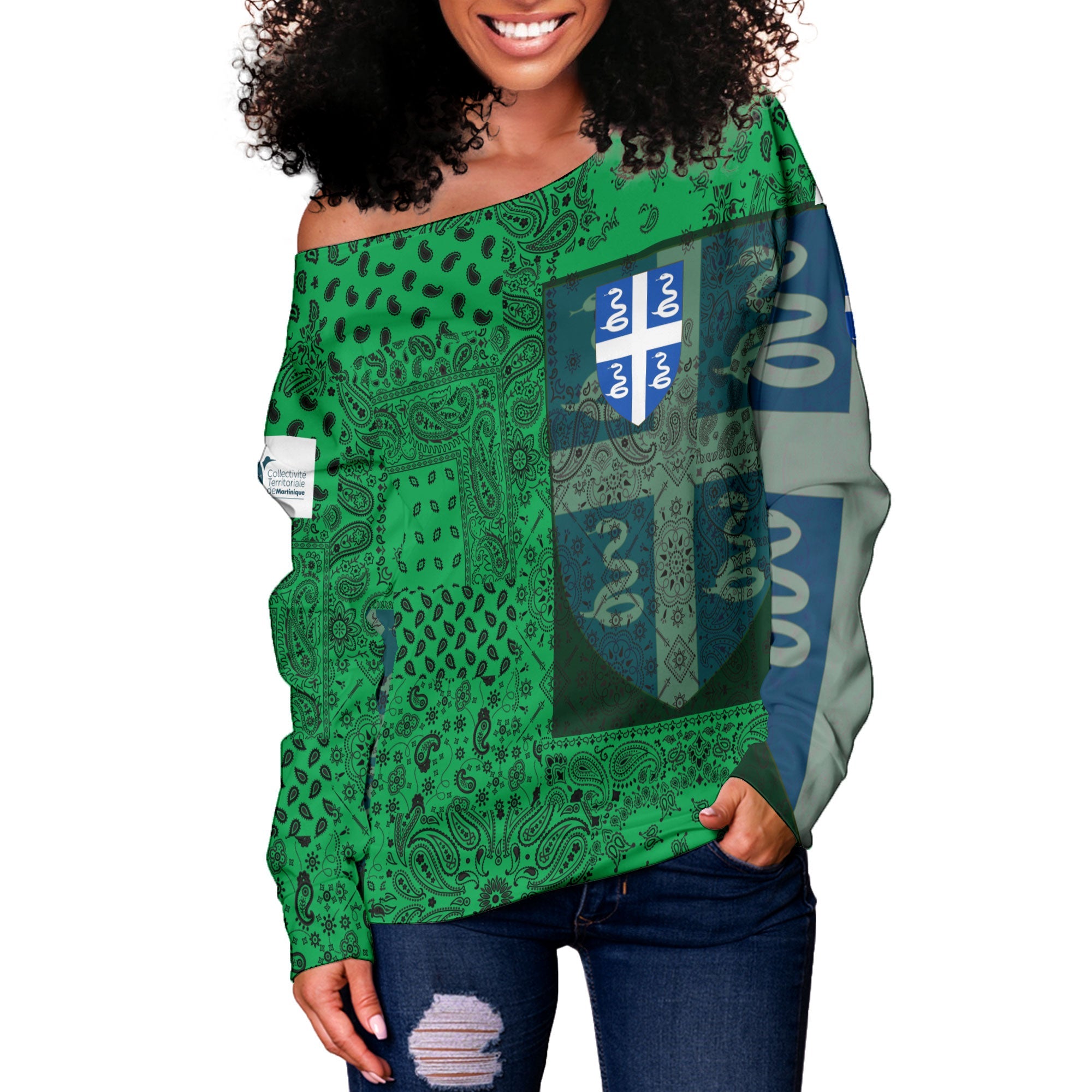 Martinique Women Off Shoulder Sweatshirt Paisley Flag And Skull Style 2