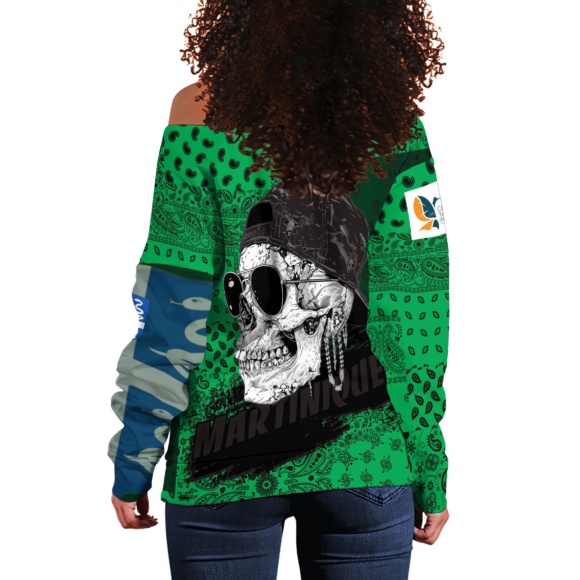 Martinique Women Off Shoulder Sweatshirt Paisley Flag And Skull Style 3