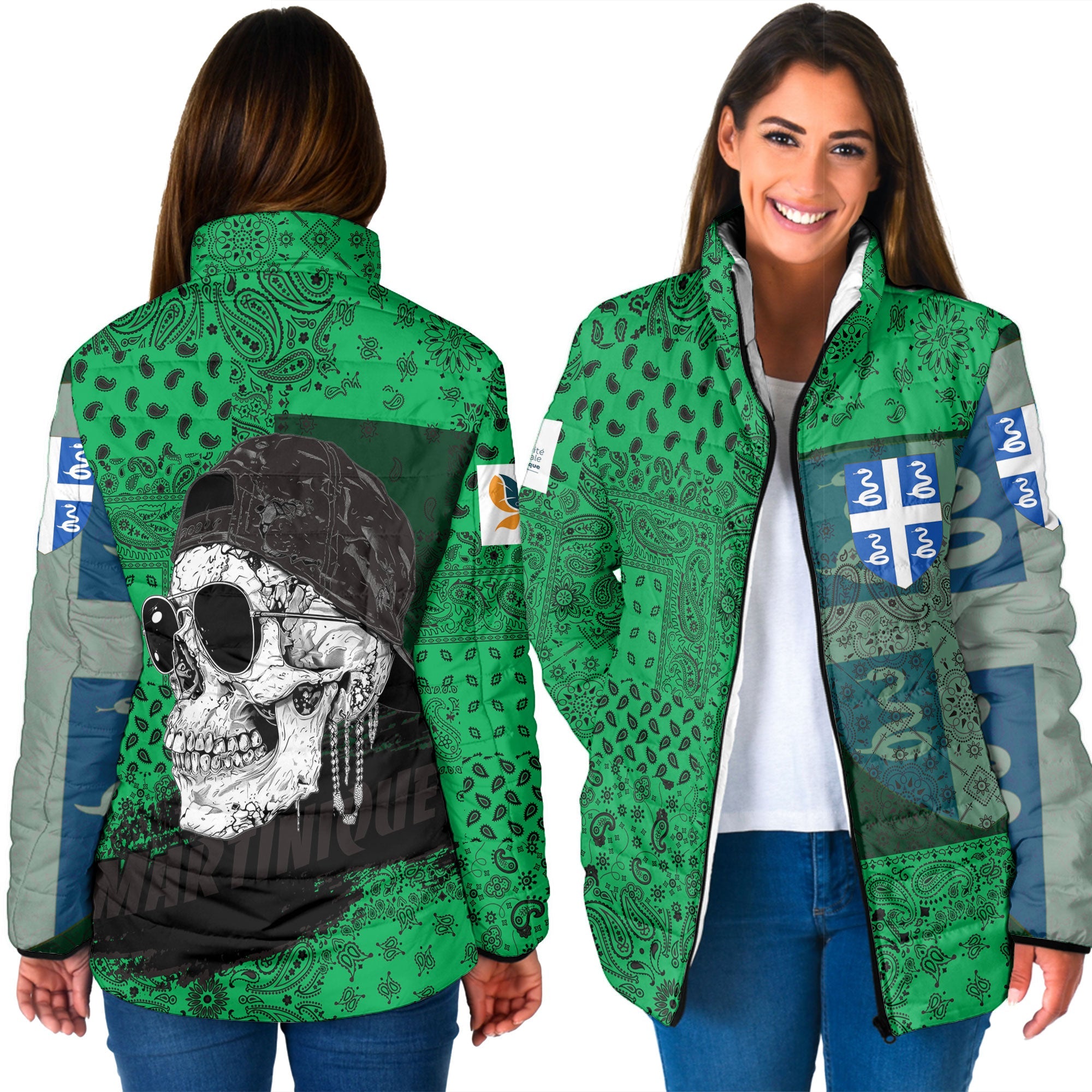 Martinique Women Padded Jacket Paisley Flag And Skull Style 3