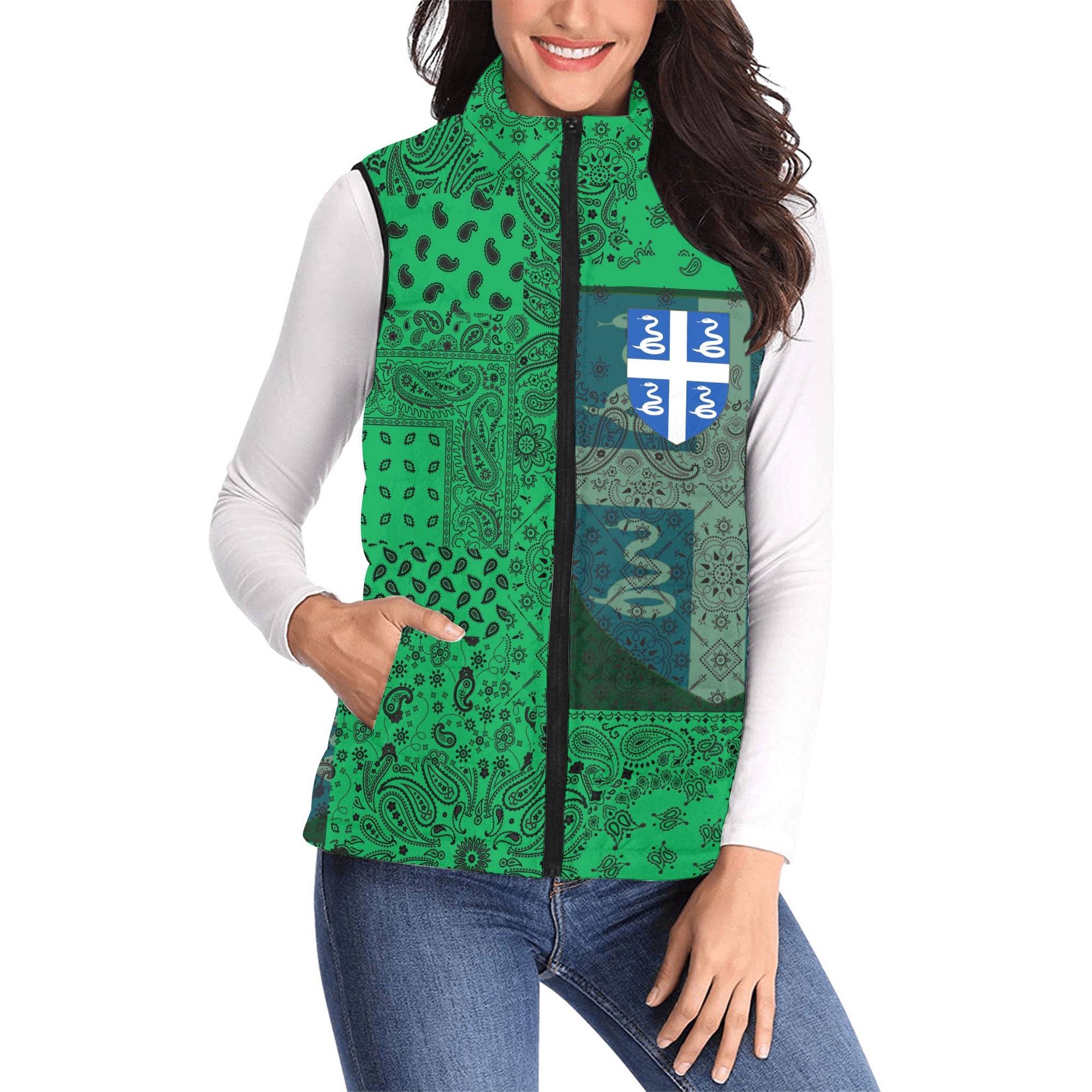 Martinique Women Padded Jacket Vest Paisley Flag And Skull Style 1