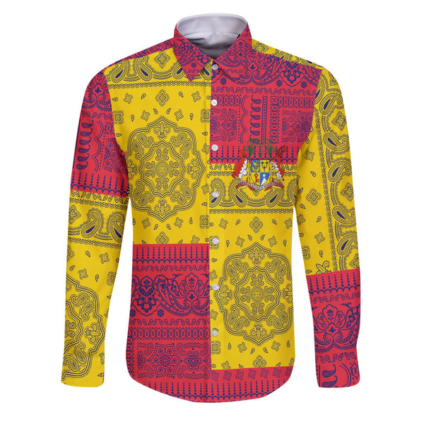 Mauritius Long Sleeve Button Shirt Flag And Paisley Basic Style 1