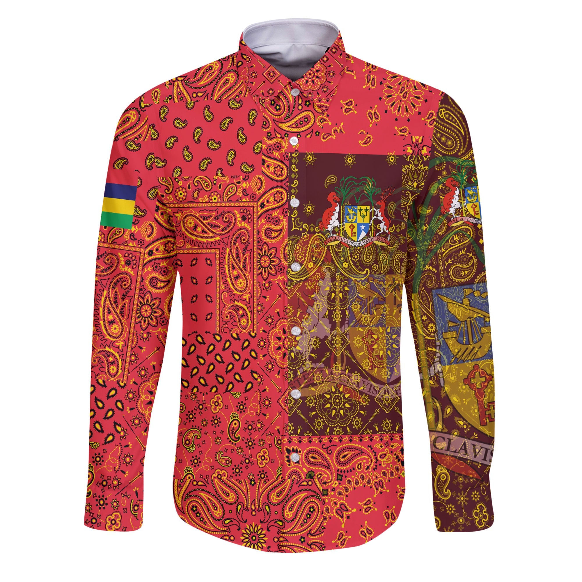 Mauritius Long Sleeve Button Shirt Paisley Flag And Skull Style 1