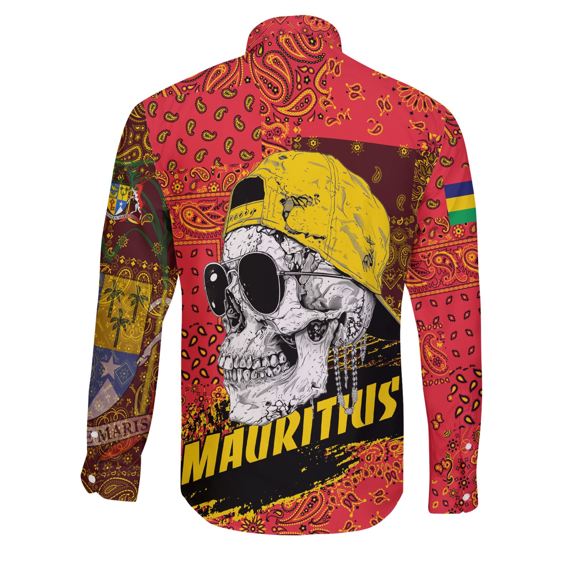 Mauritius Long Sleeve Button Shirt Paisley Flag And Skull Style 2