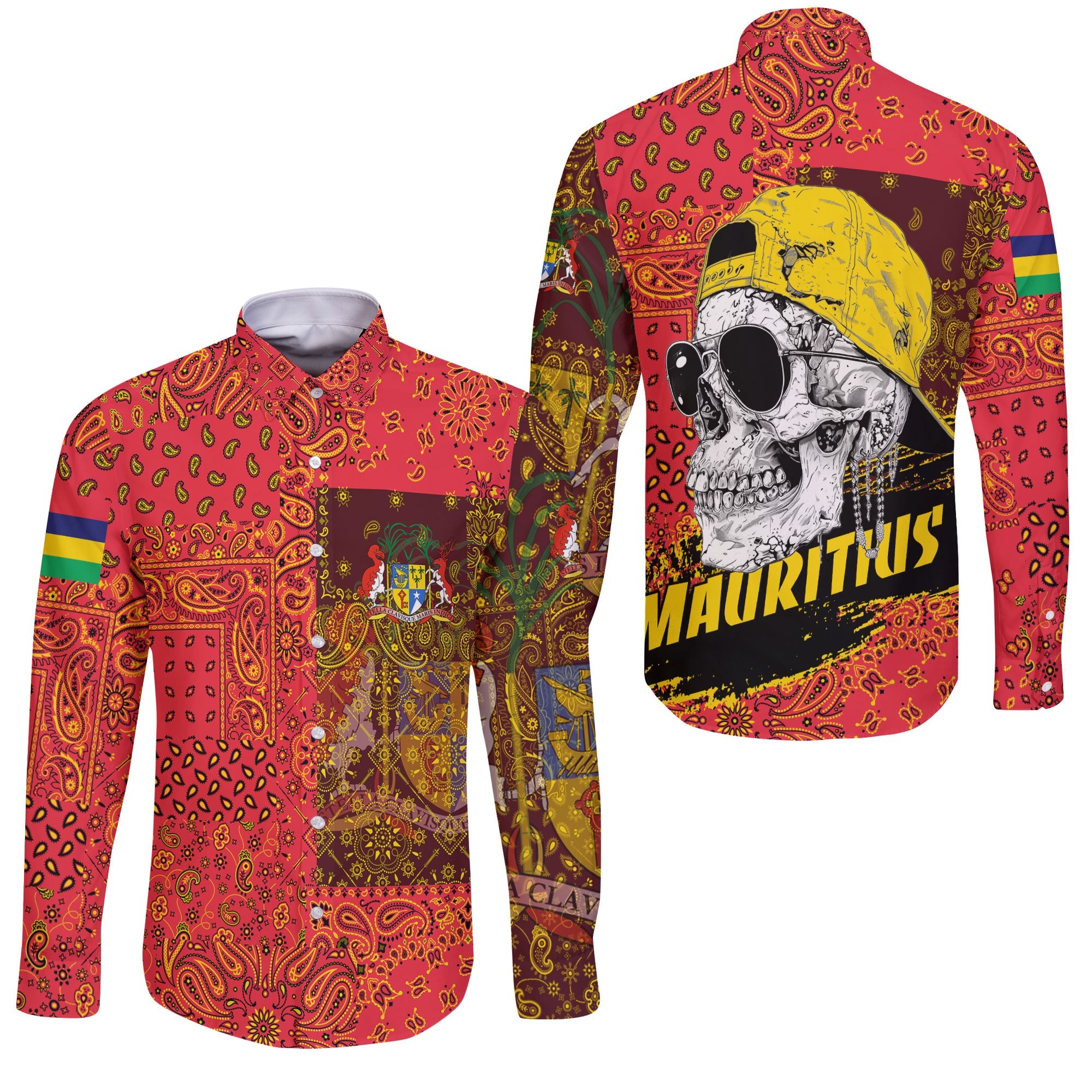 Mauritius Long Sleeve Button Shirt Paisley Flag And Skull Style 3