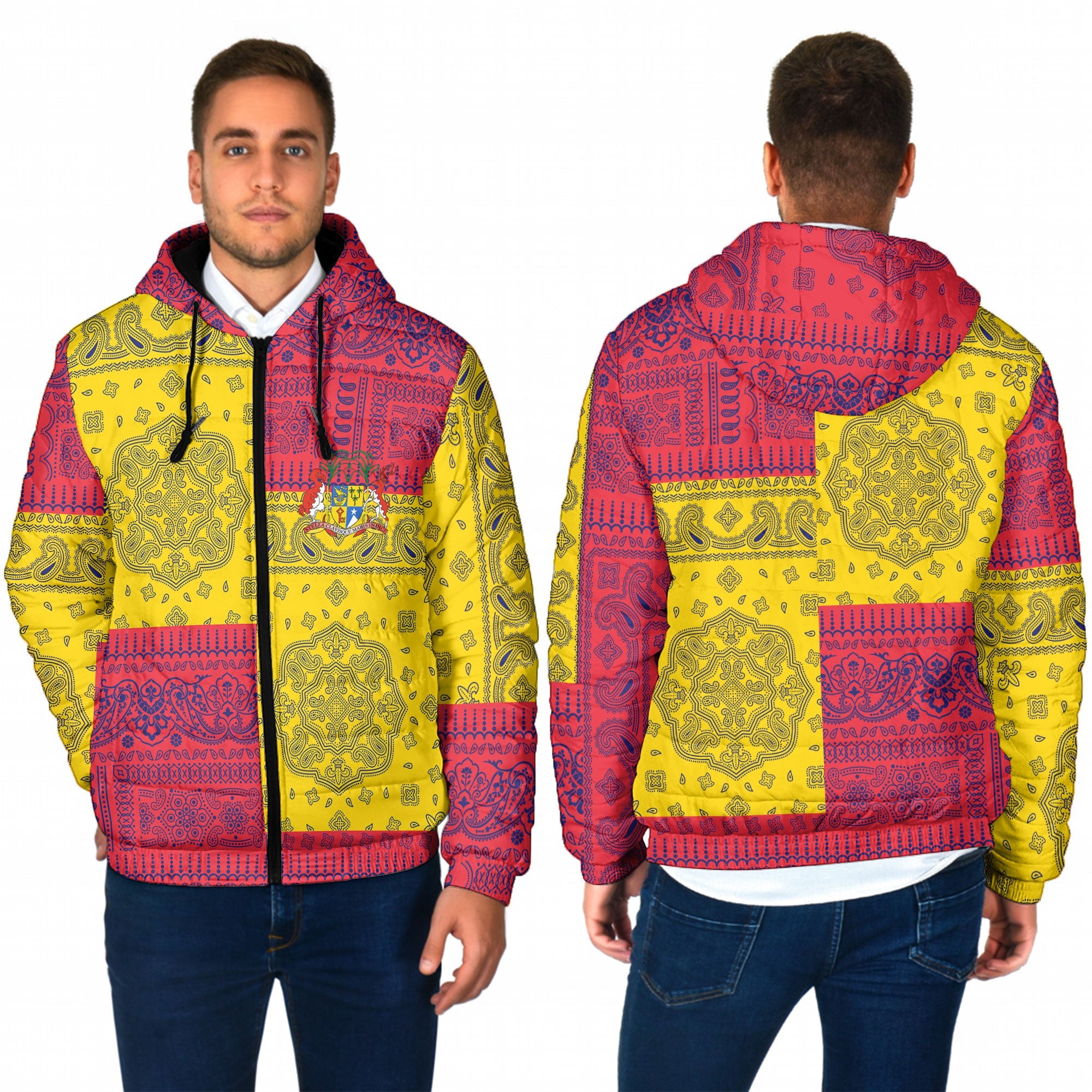 Mauritius Men Hooded Padded Jacket Flag And Paisley Basic Style 1