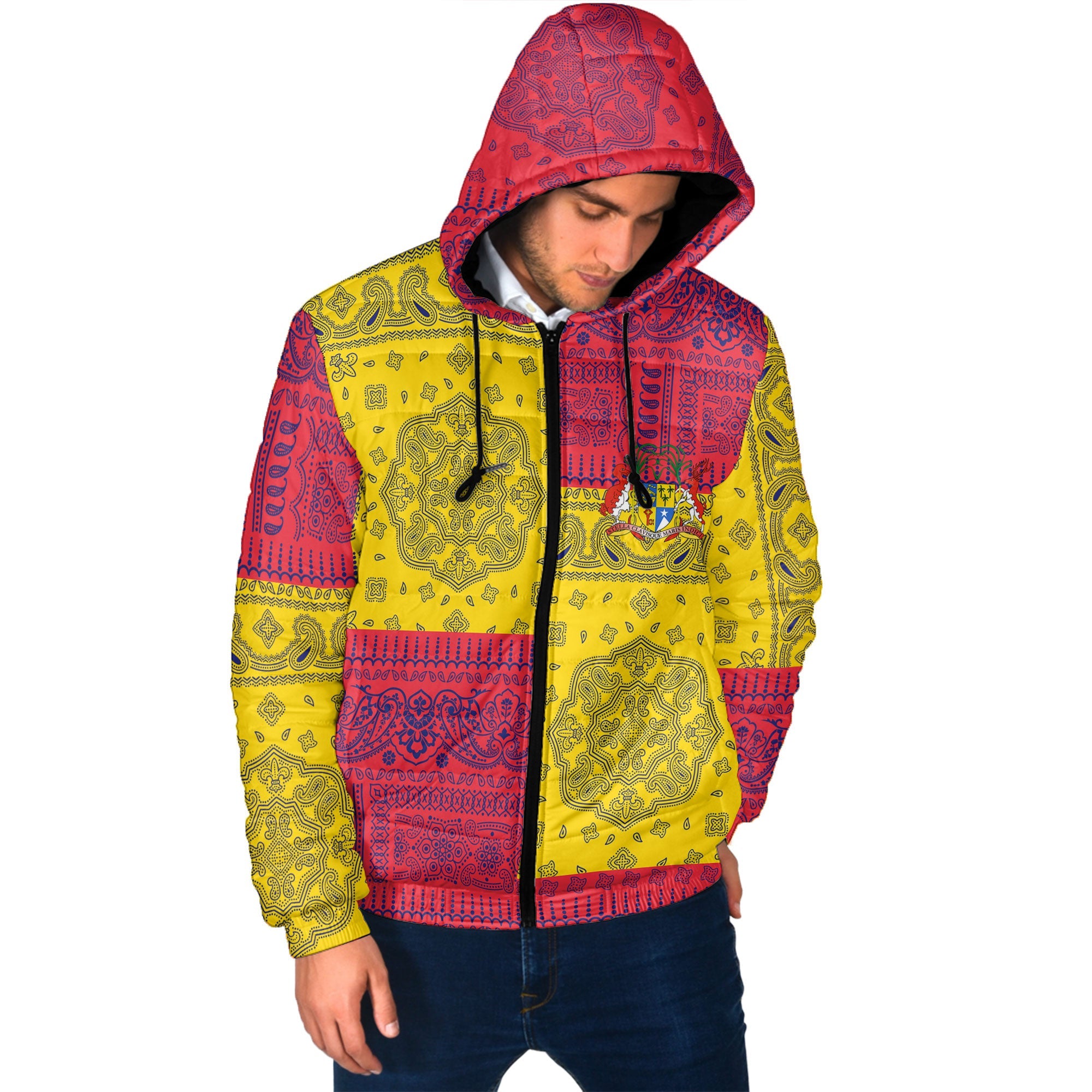 Mauritius Men Hooded Padded Jacket Flag And Paisley Basic Style 2