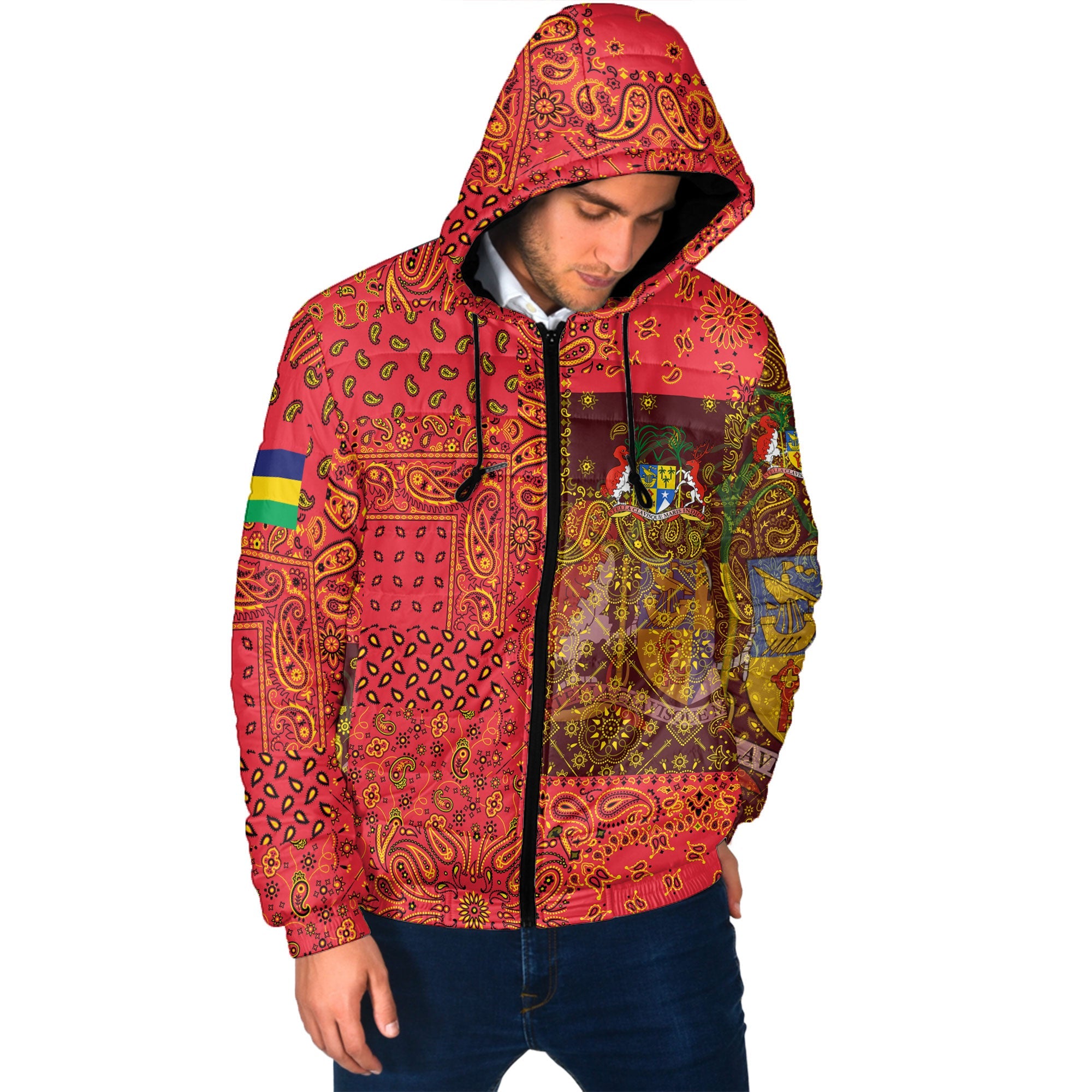 Mauritius Men Hooded Padded Jacket Paisley Flag And Skull Style 2