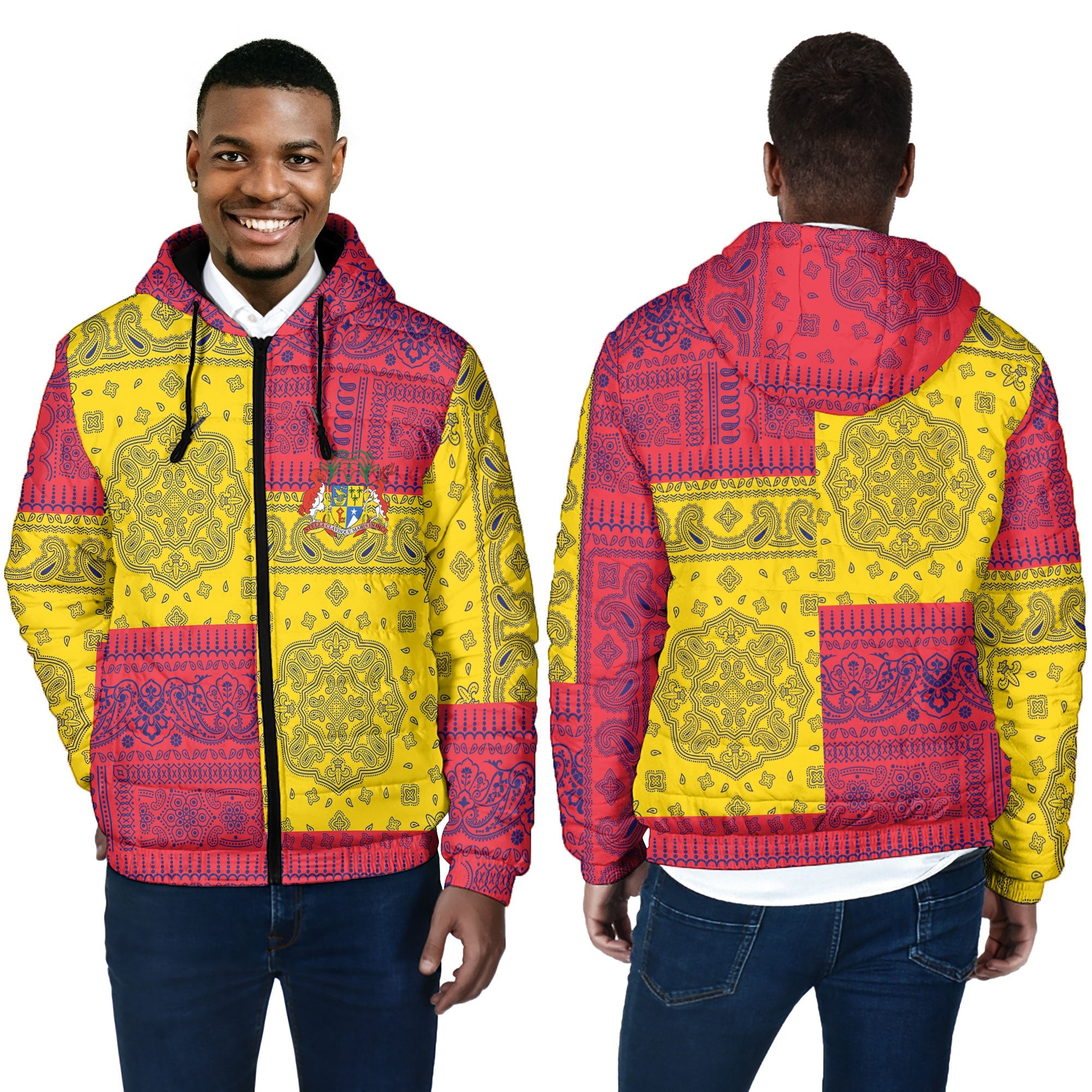 Mauritius Men Hooded Padded Jacket Flag And Paisley Basic Style 4