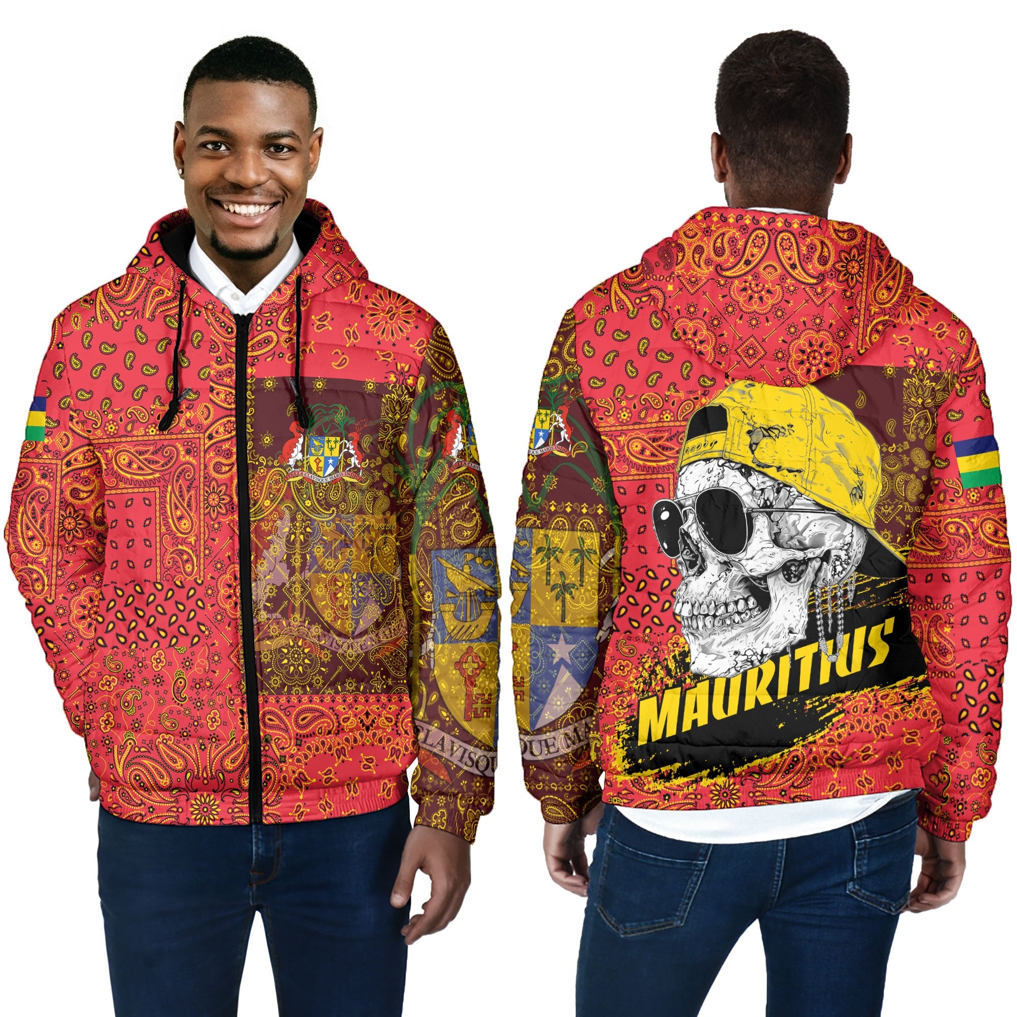 Mauritius Men Hooded Padded Jacket Paisley Flag And Skull Style 4