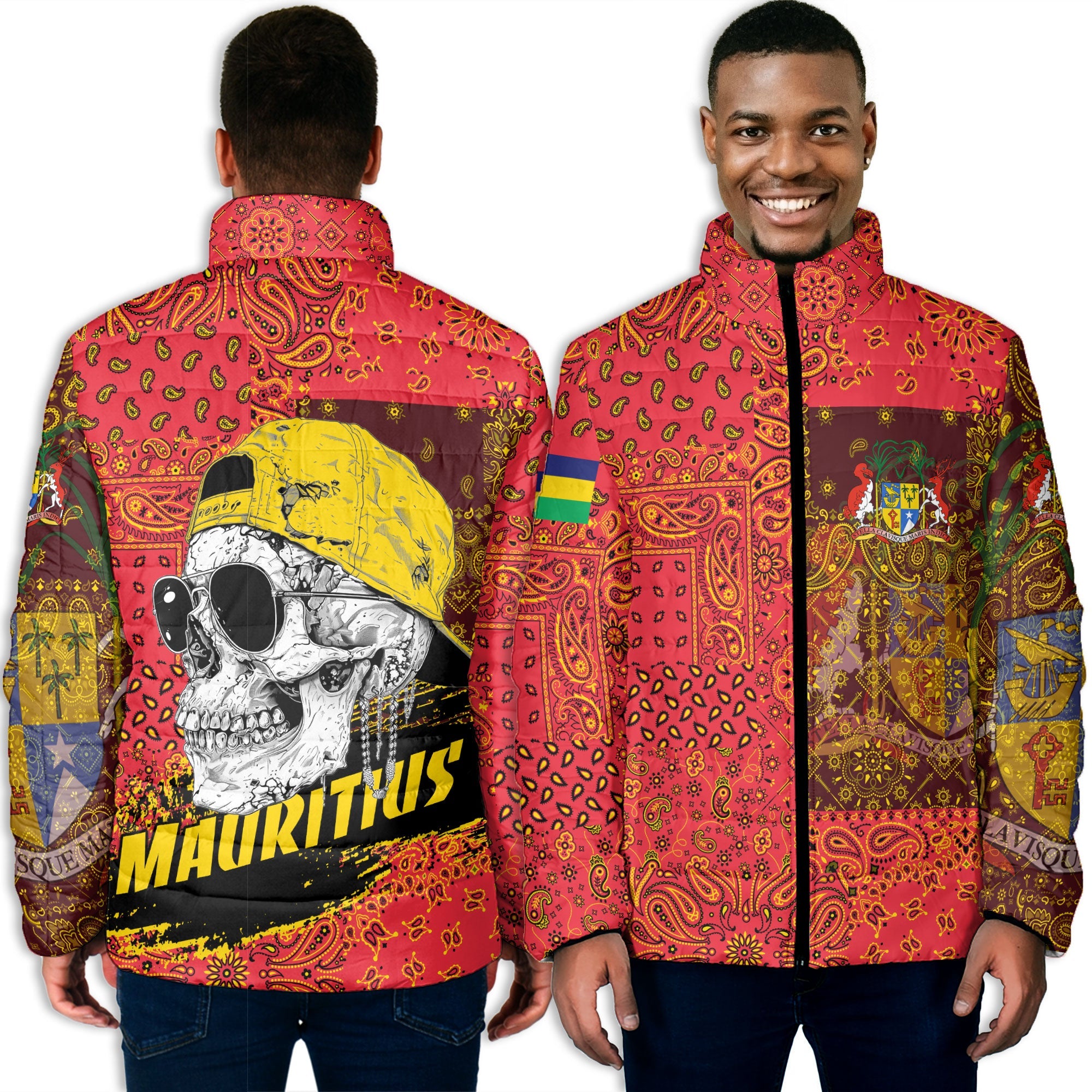 Mauritius Men Padded Jacket Paisley Flag And Skull Style 3