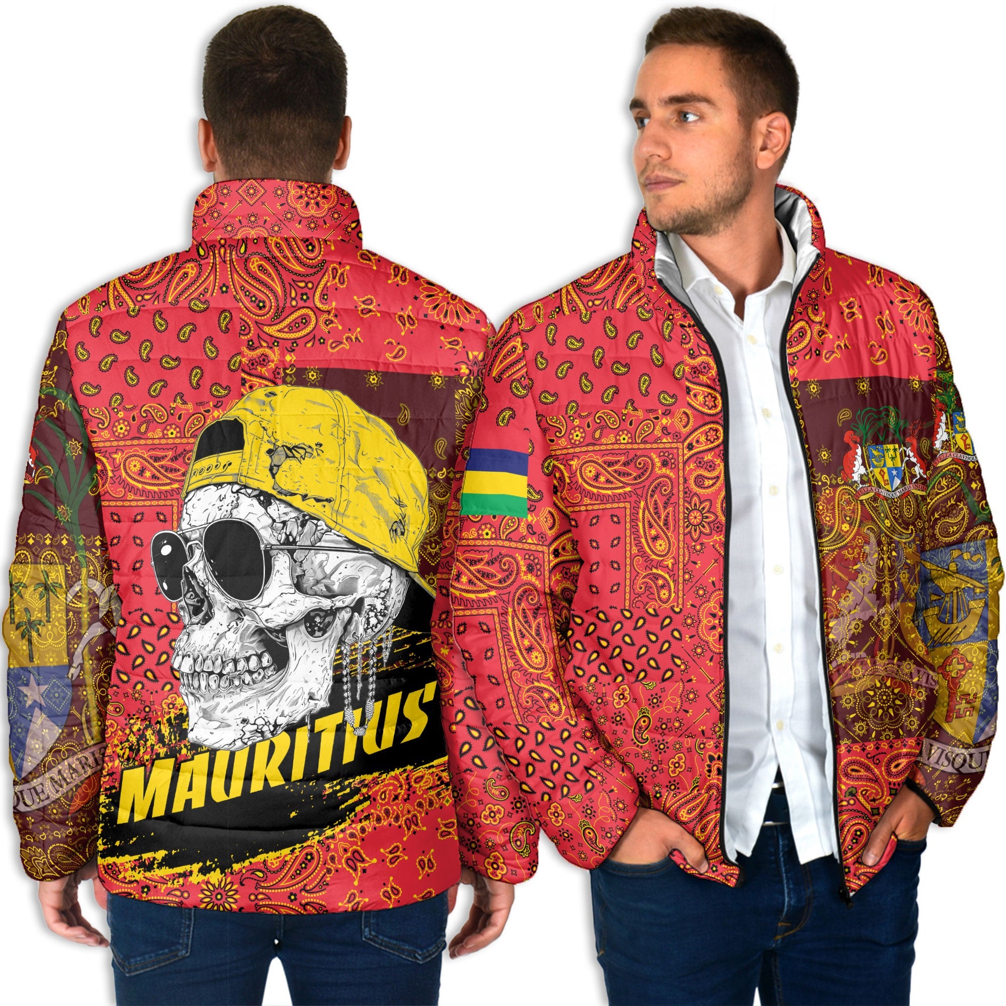 Mauritius Men Padded Jacket Paisley Flag And Skull Style 4