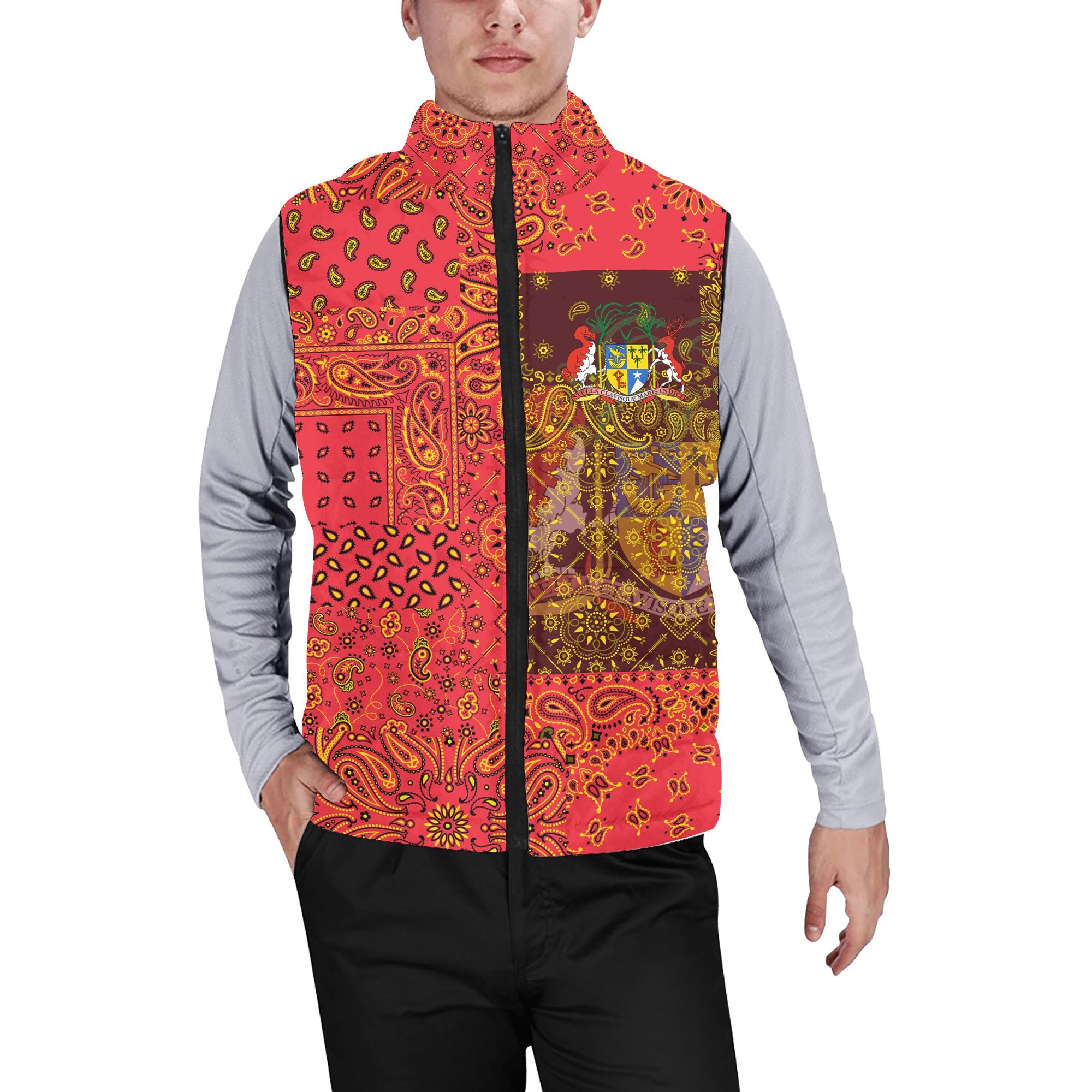 Mauritius Men Padded Jacket Vest Paisley Flag And Skull Style 1