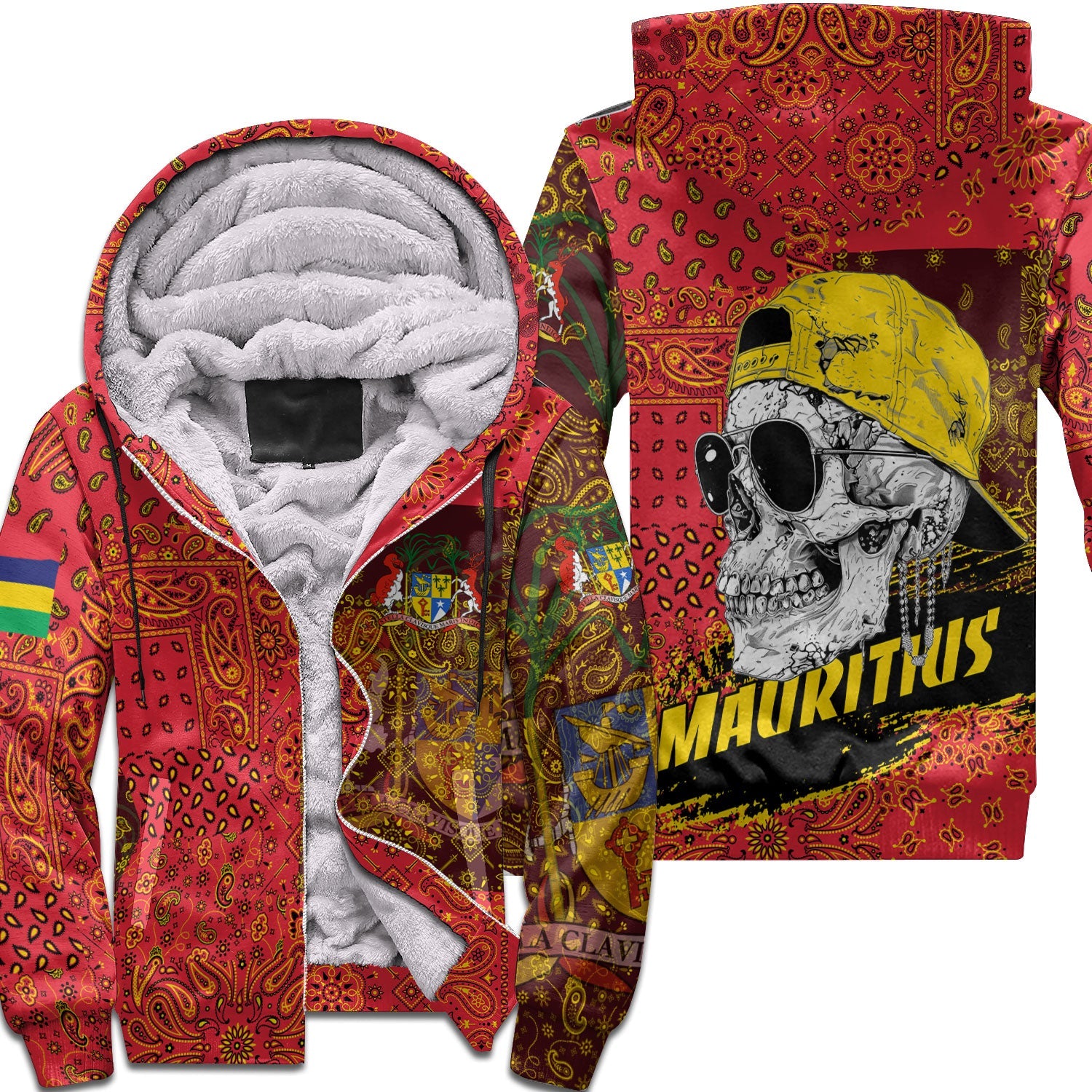 Mauritius Sherpa Hoodie Paisley Flag And Skull Style 1