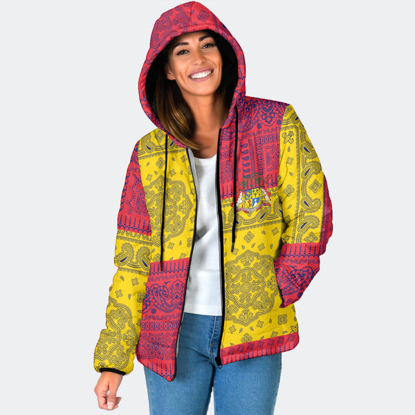 Mauritius Women Hooded Padded Jacket Flag And Paisley Basic Style 1