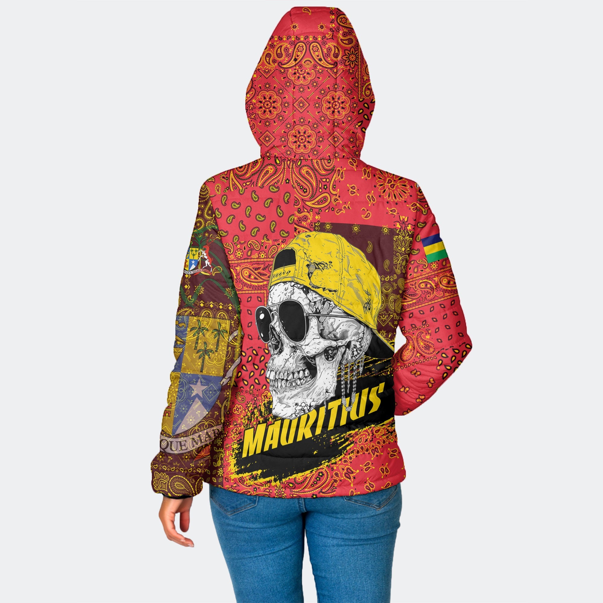 Mauritius Women Hooded Padded Jacket Paisley Flag And Skull Style 2